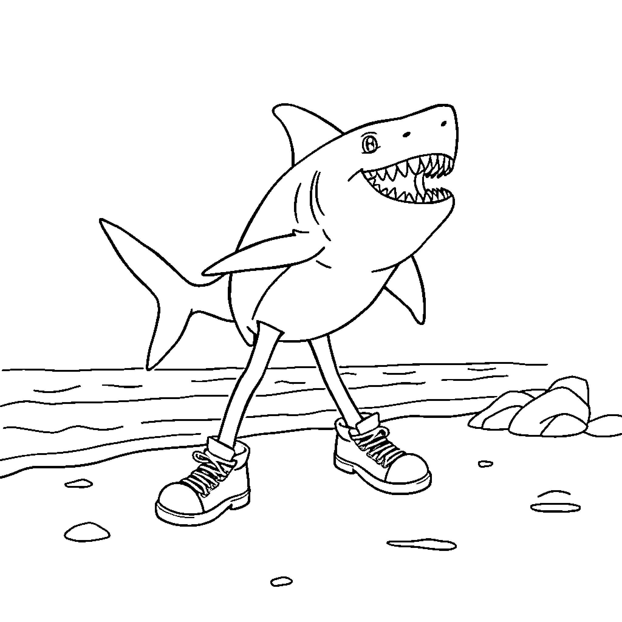 Shark wearing sneakers on the beach Coloring Page (free black-and-white line drawing printable PDF for all, from beginners to advanced learners, including children, teens, adults, and seniors)