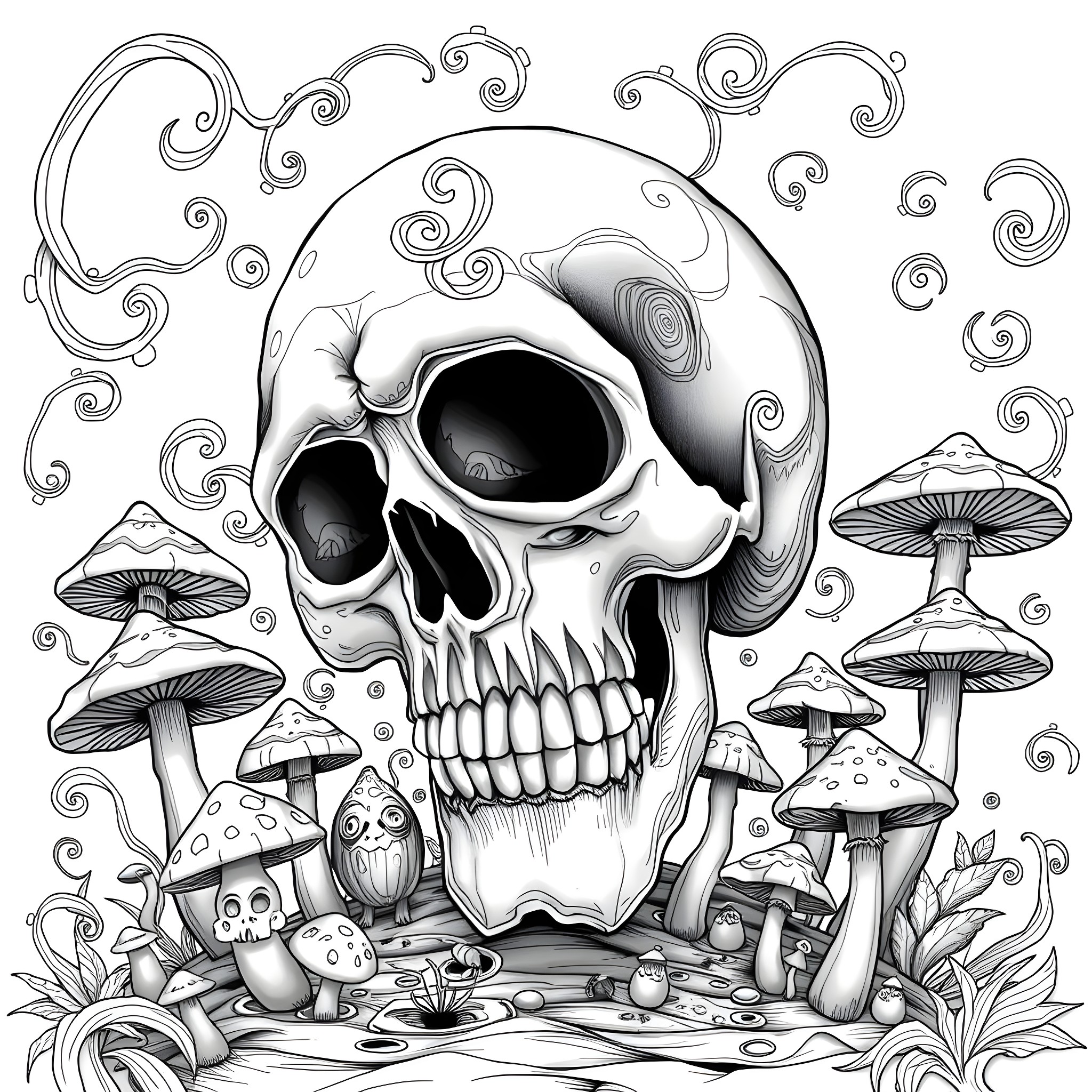 Skull Surrounded by Mystical Mushrooms and Swirling Patterns Coloring Page (free black-and-white line drawing printable PDF for all, from beginners to advanced learners, including children, teens, adults, and seniors)