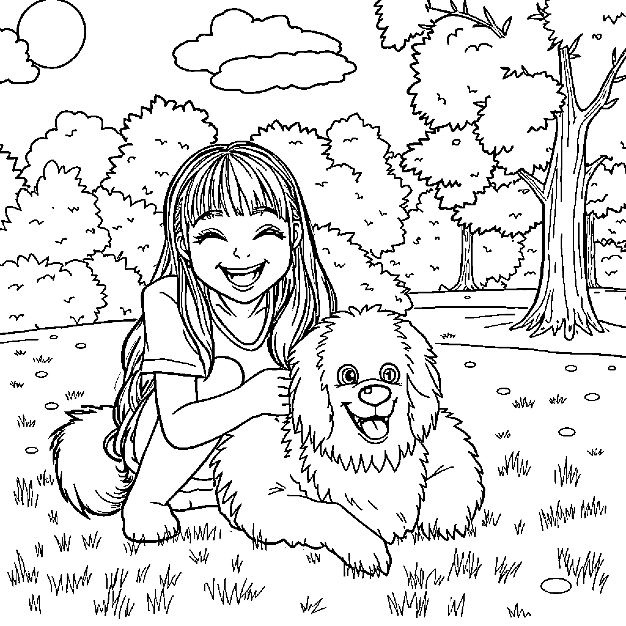Billie Eilish enjoys outdoor time with her furry friend Coloring Page (free black-and-white line drawing printable PDF for all, from beginners to advanced learners, including children, teens, adults, and seniors)