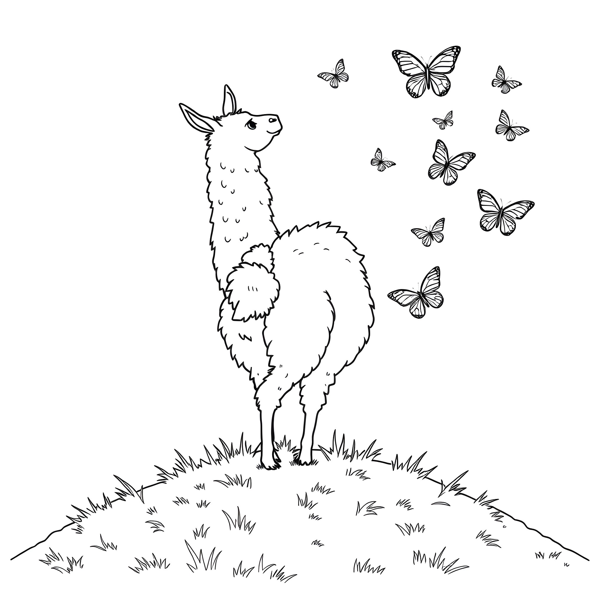 Llama enjoying butterflies in the meadow Coloring Page (free black-and-white line drawing printable PDF for all, from beginners to advanced learners, including children, teens, adults, and seniors)