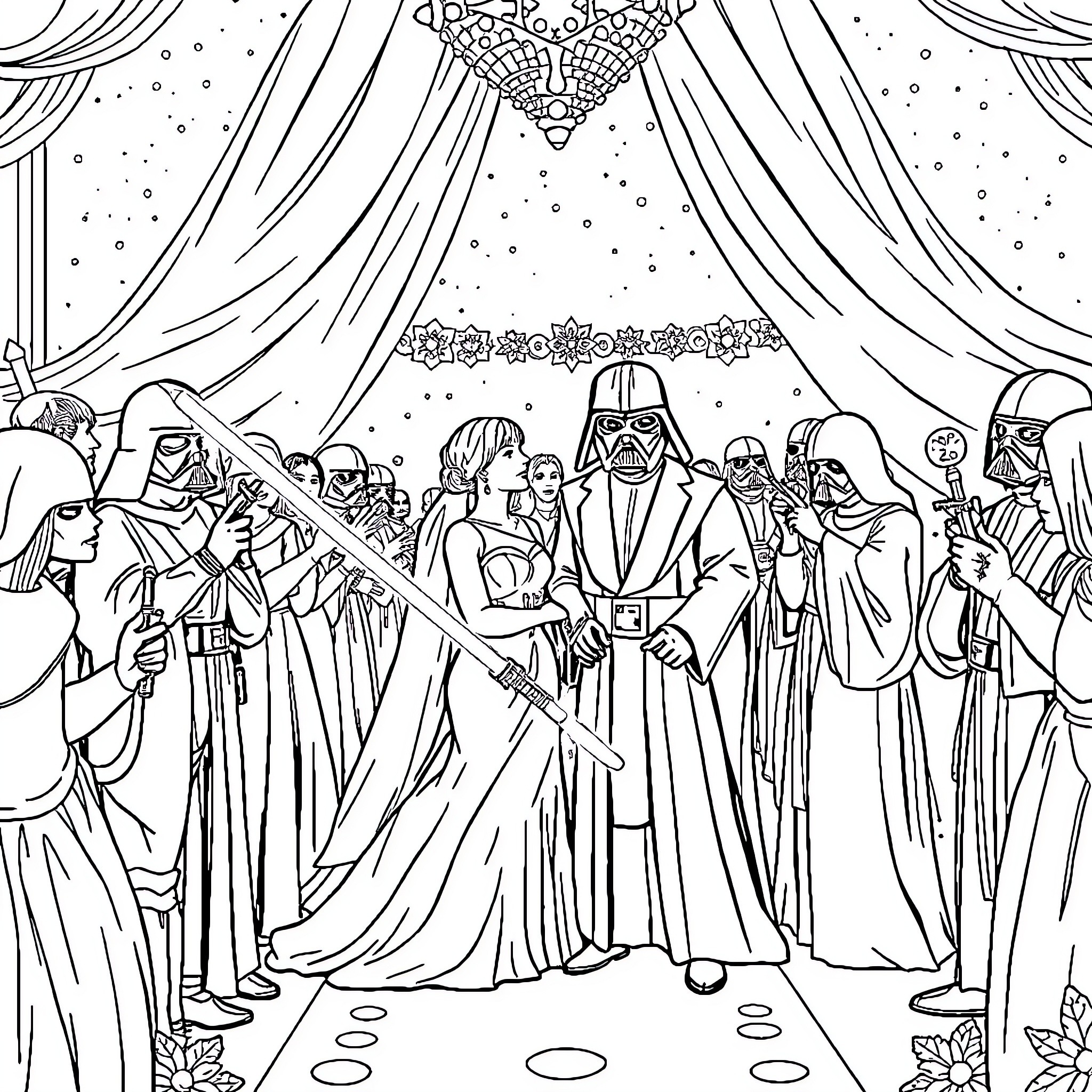 Star Wars characters in a ceremonial gathering Coloring Page (free black-and-white line drawing printable PDF for all, from beginners to advanced learners, including children, teens, adults, and seniors)