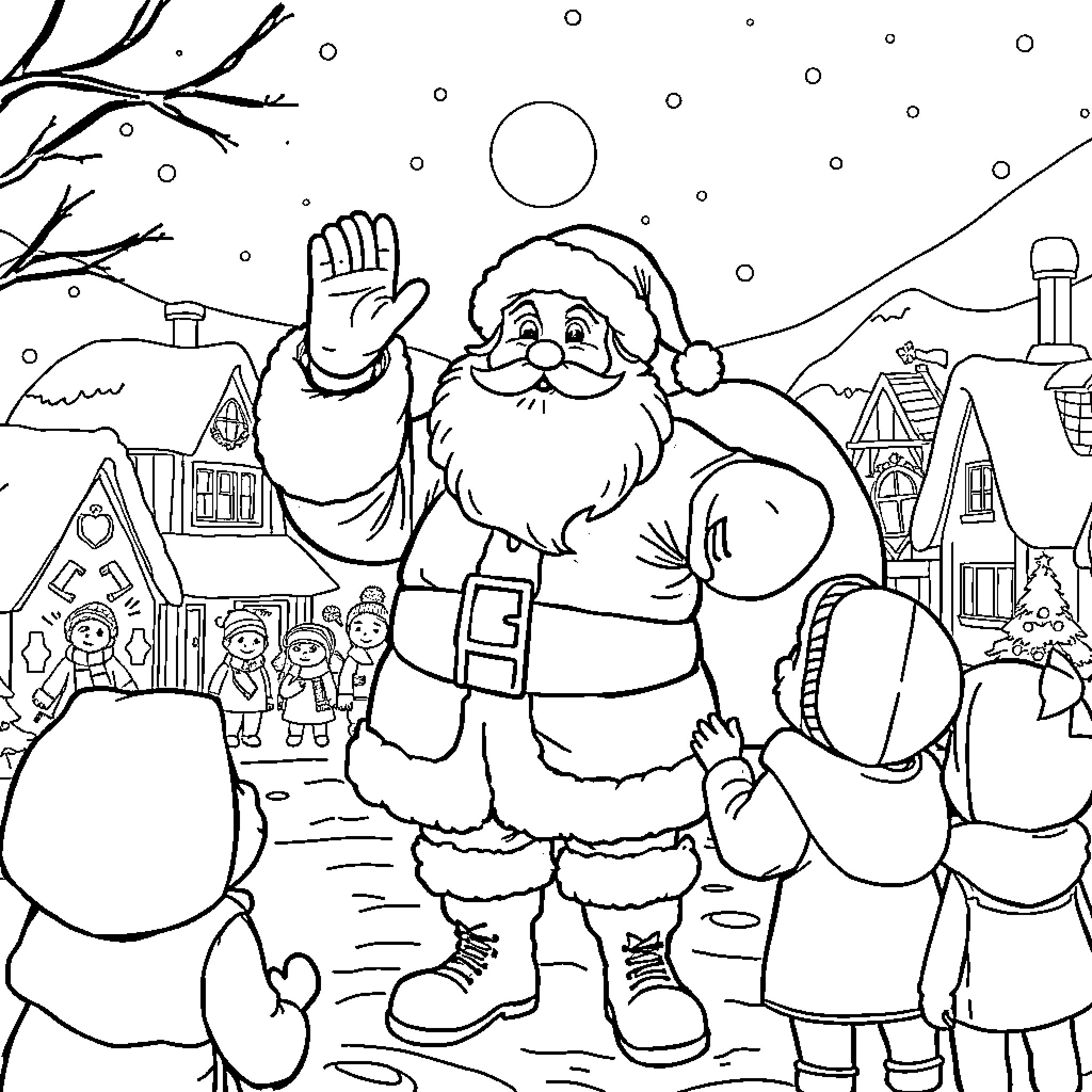 Santa waving and greeting children in winter wonderland Coloring Page (free black-and-white line drawing printable PDF for all, from beginners to advanced learners, including children, teens, adults, and seniors)