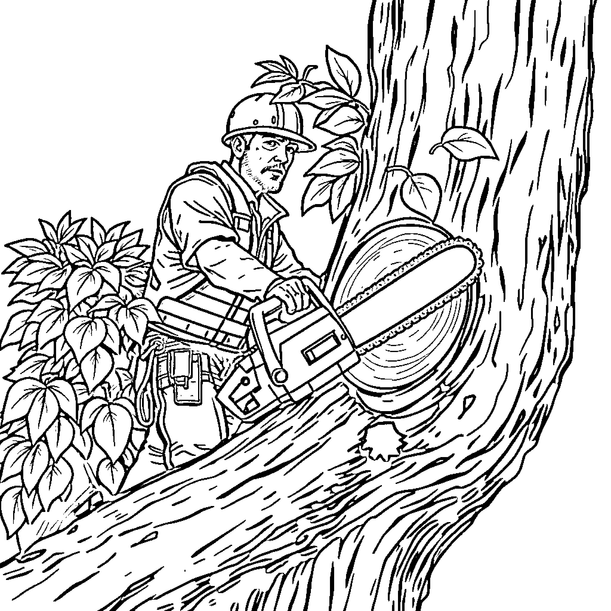 Timber Cutter operating chainsaw in forested environment Coloring Page (free black-and-white line drawing printable PDF for all, from beginners to advanced learners, including children, teens, adults, and seniors)