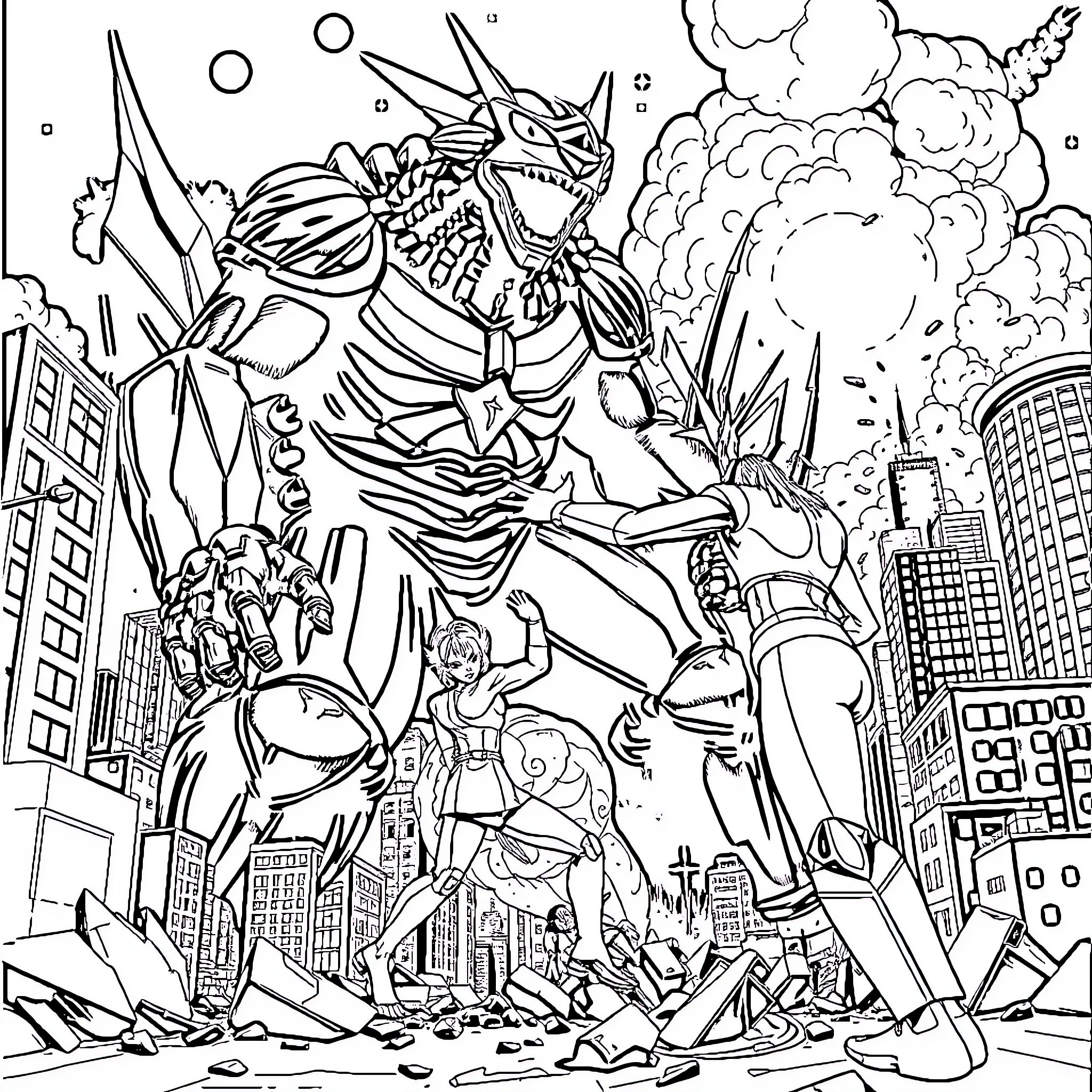 Ultraman battling a colossal monster in a city Coloring Page (free black-and-white line drawing printable PDF for all, from beginners to advanced learners, including children, teens, adults, and seniors)