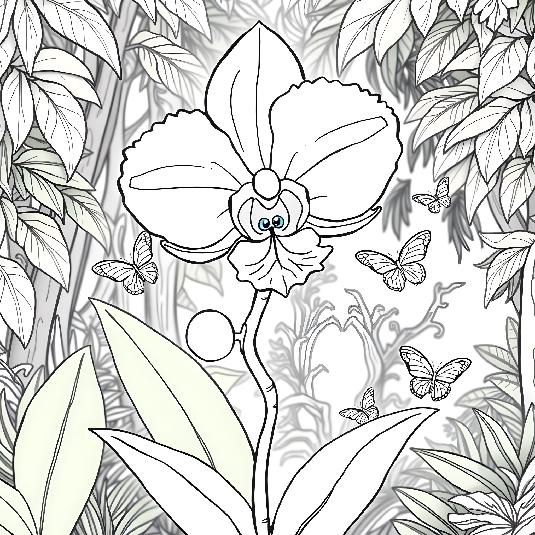 Orchid blossoming amidst lush foliage and fluttering butterflies Coloring Page (free black-and-white line drawing printable PDF for all, from beginners to advanced learners, including children, teens, adults, and seniors)