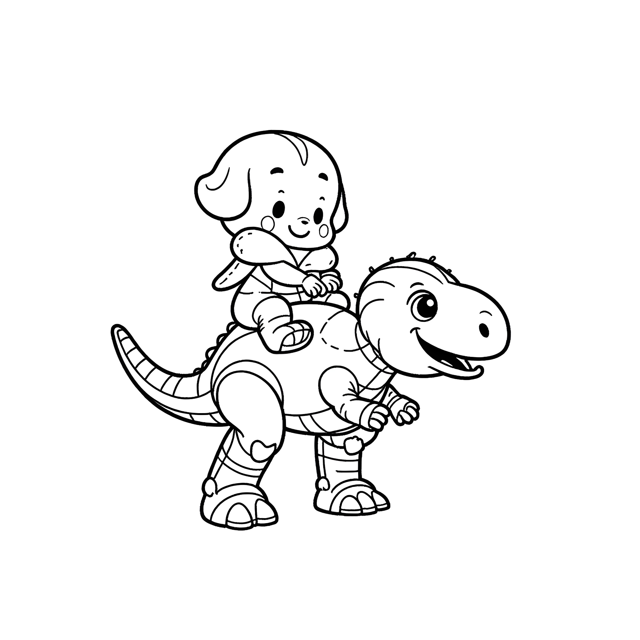 Bluey and dinosaur friend having fun Coloring Page (free black-and-white line drawing printable PDF for all, from beginners to advanced learners, including children, teens, adults, and seniors)