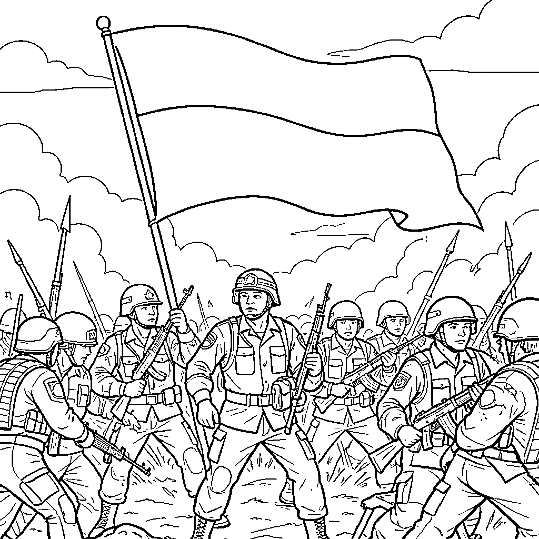 Soldier group marching while carrying a large flag Coloring Page (free black-and-white line drawing printable PDF for all, from beginners to advanced learners, including children, teens, adults, and seniors)