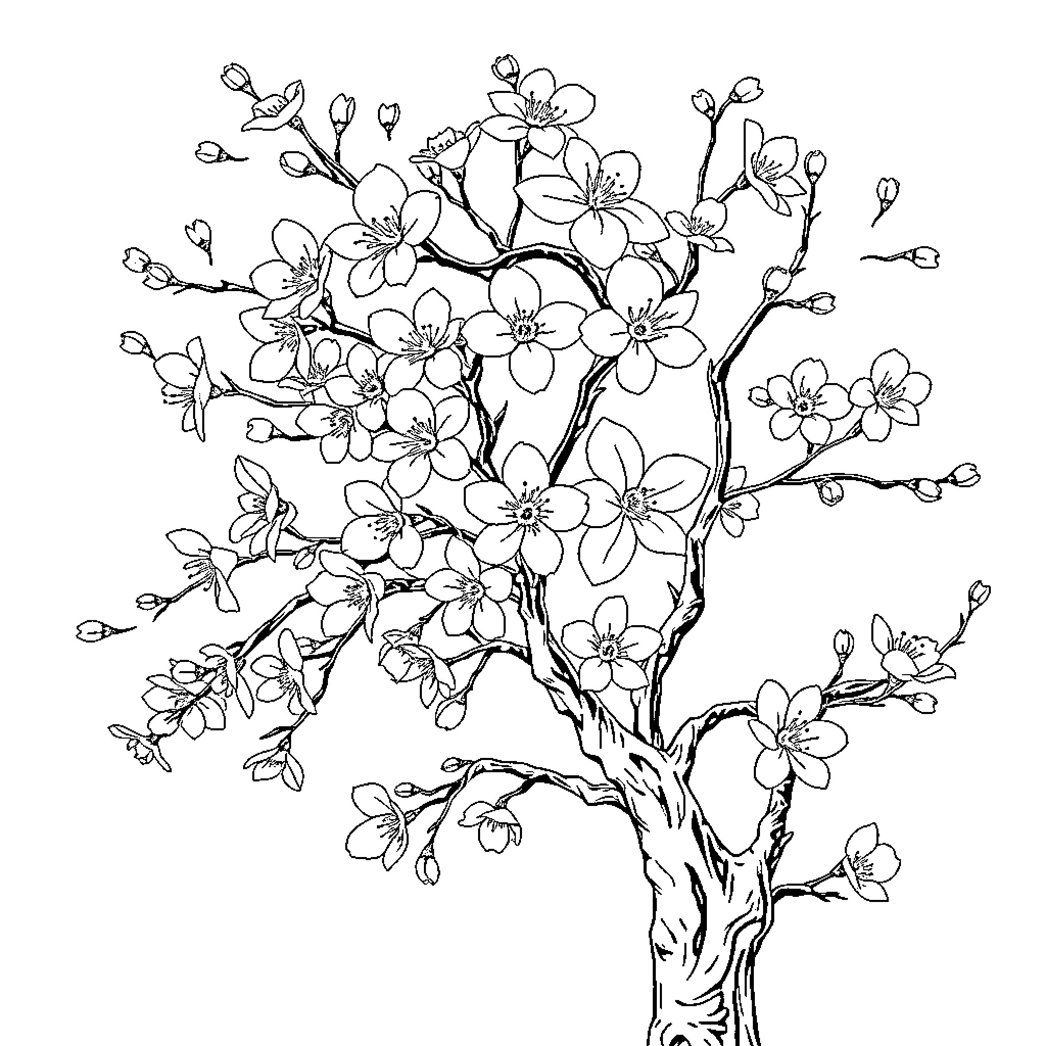 Cherry Blossom Tree with Delicate Blossoms Coloring Page (free black-and-white line drawing printable PDF for all, from beginners to advanced learners, including children, teens, adults, and seniors)