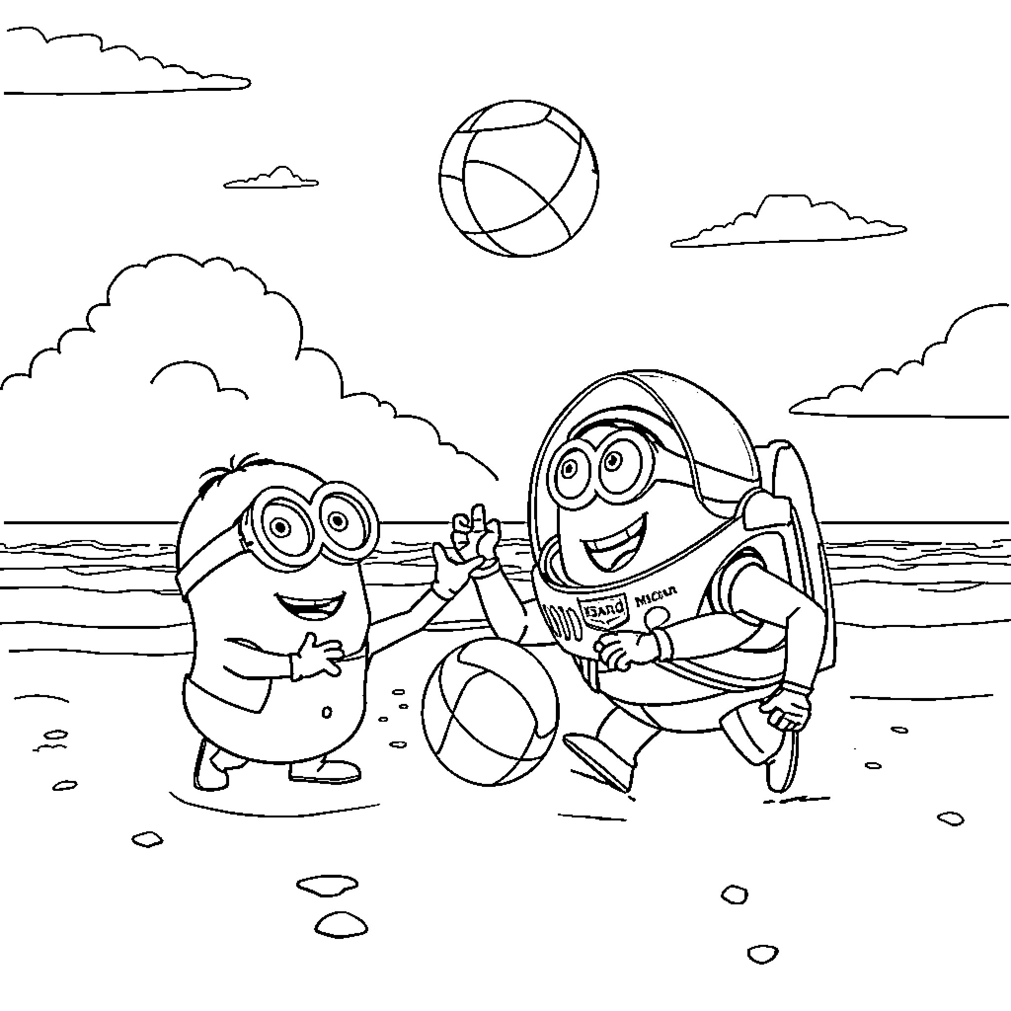Minions playing joyfully on the beach Coloring Page (free black-and-white line drawing printable PDF for all, from beginners to advanced learners, including children, teens, adults, and seniors)