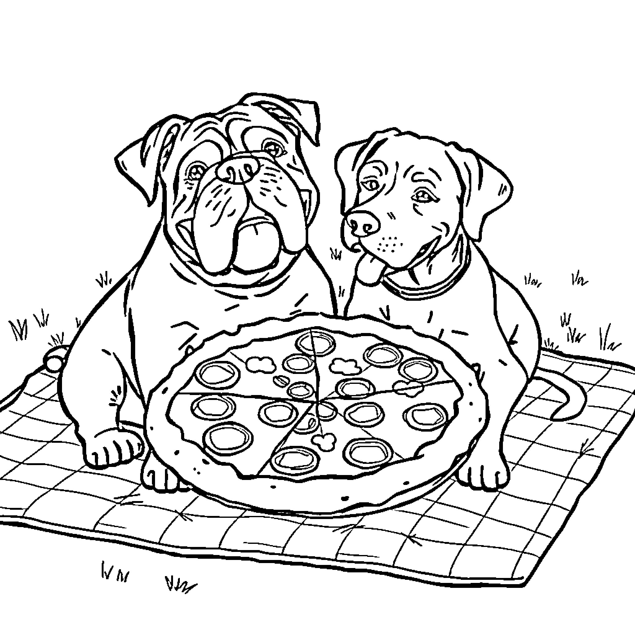 Dogs Enjoying Pizza on Picnic Blanket Coloring Page (free black-and-white line drawing printable PDF for all, from beginners to advanced learners, including children, teens, adults, and seniors)