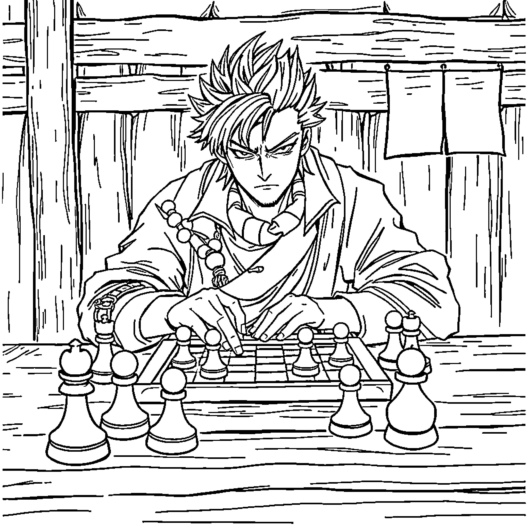 Tanjiro engrossed in a game of chess on a rainy day Coloring Page (free black-and-white line drawing printable PDF for all, from beginners to advanced learners, including children, teens, adults, and seniors)