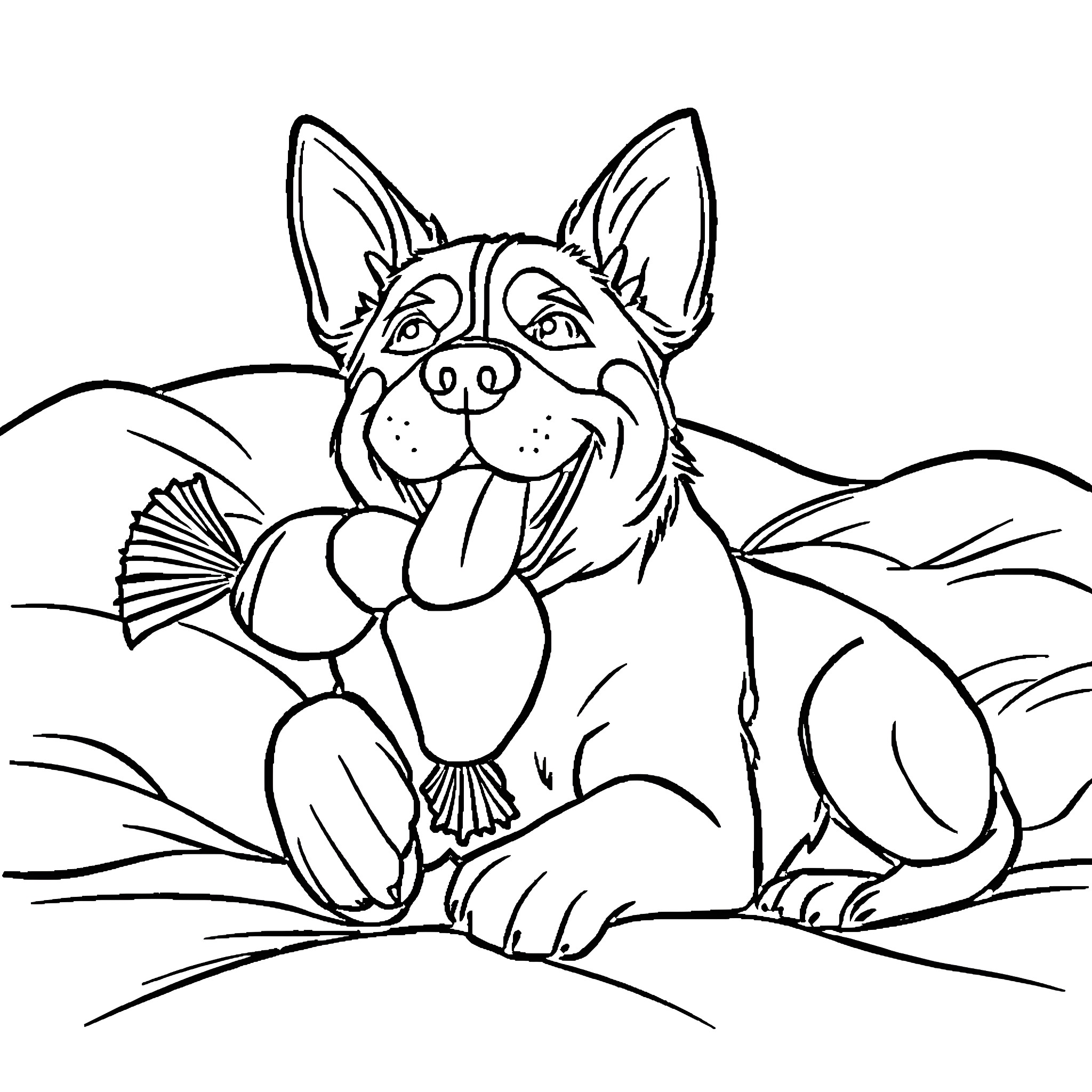 Dog sitting happily in the grass Coloring Page (free black-and-white line drawing printable PDF for all, from beginners to advanced learners, including children, teens, adults, and seniors)
