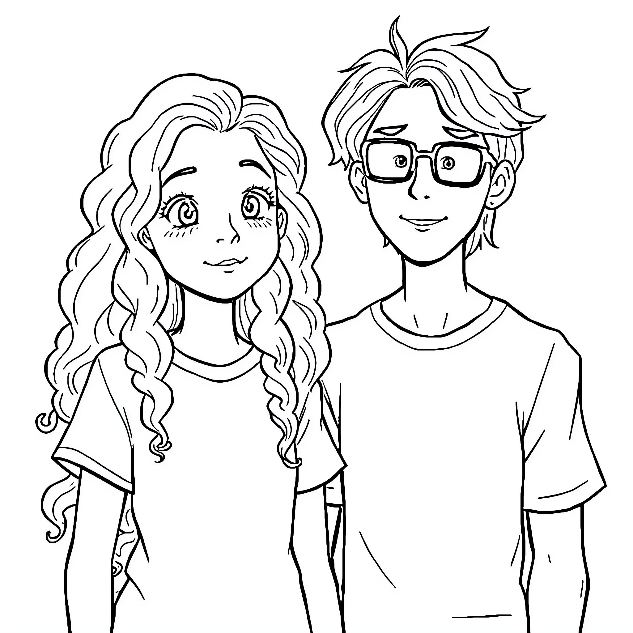 Girl and Boy with Curious Expressions Coloring Page (free black-and-white line drawing printable PDF for all, from beginners to advanced learners, including children, teens, adults, and seniors)