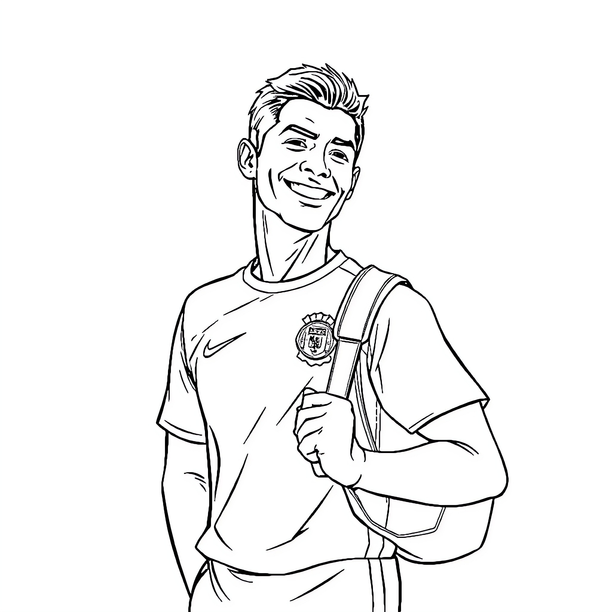 Ronaldo Smiling Happily in Soccer Uniform Coloring Page (free black-and-white line drawing printable PDF for all, from beginners to advanced learners, including children, teens, adults, and seniors)