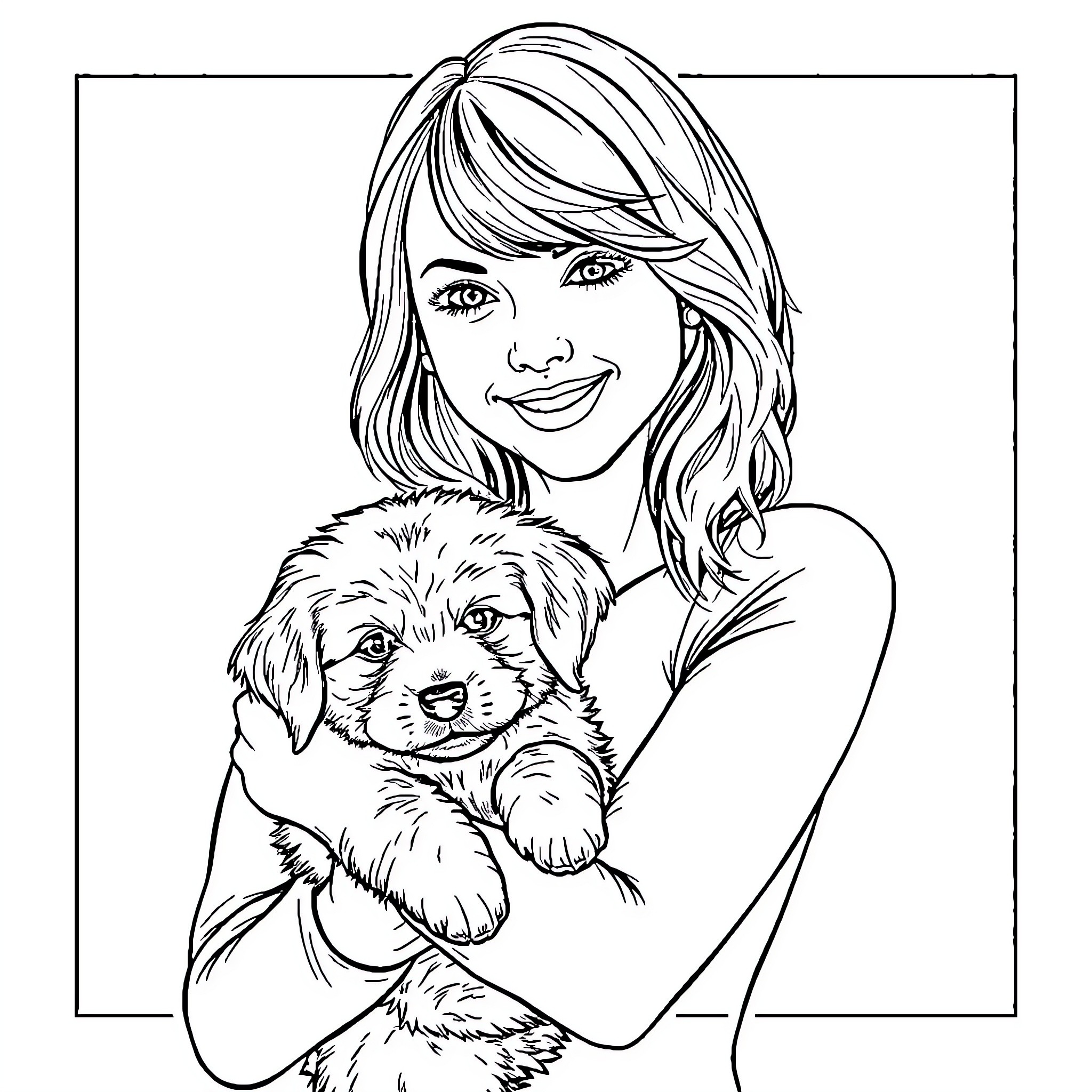 Taylor Swift cuddles adorable puppy Coloring Page (free black-and-white line drawing printable PDF for all, from beginners to advanced learners, including children, teens, adults, and seniors)