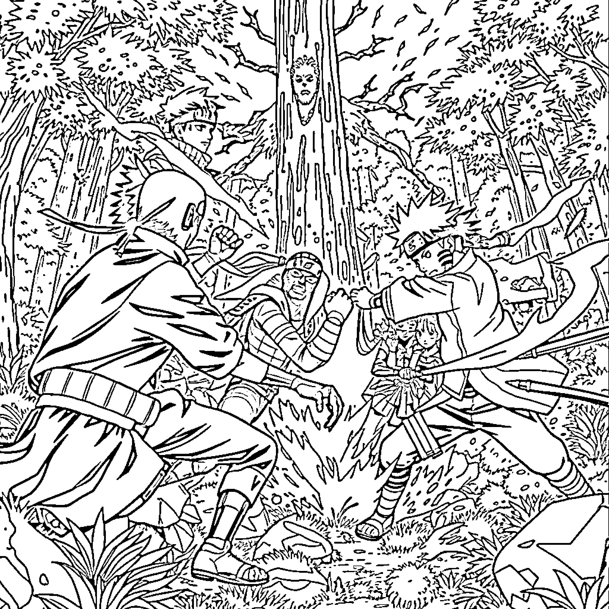 Naruto Warriors in Epic Battle Amongst Forest Scenery Coloring Page (free black-and-white line drawing printable PDF for all, from beginners to advanced learners, including children, teens, adults, and seniors)