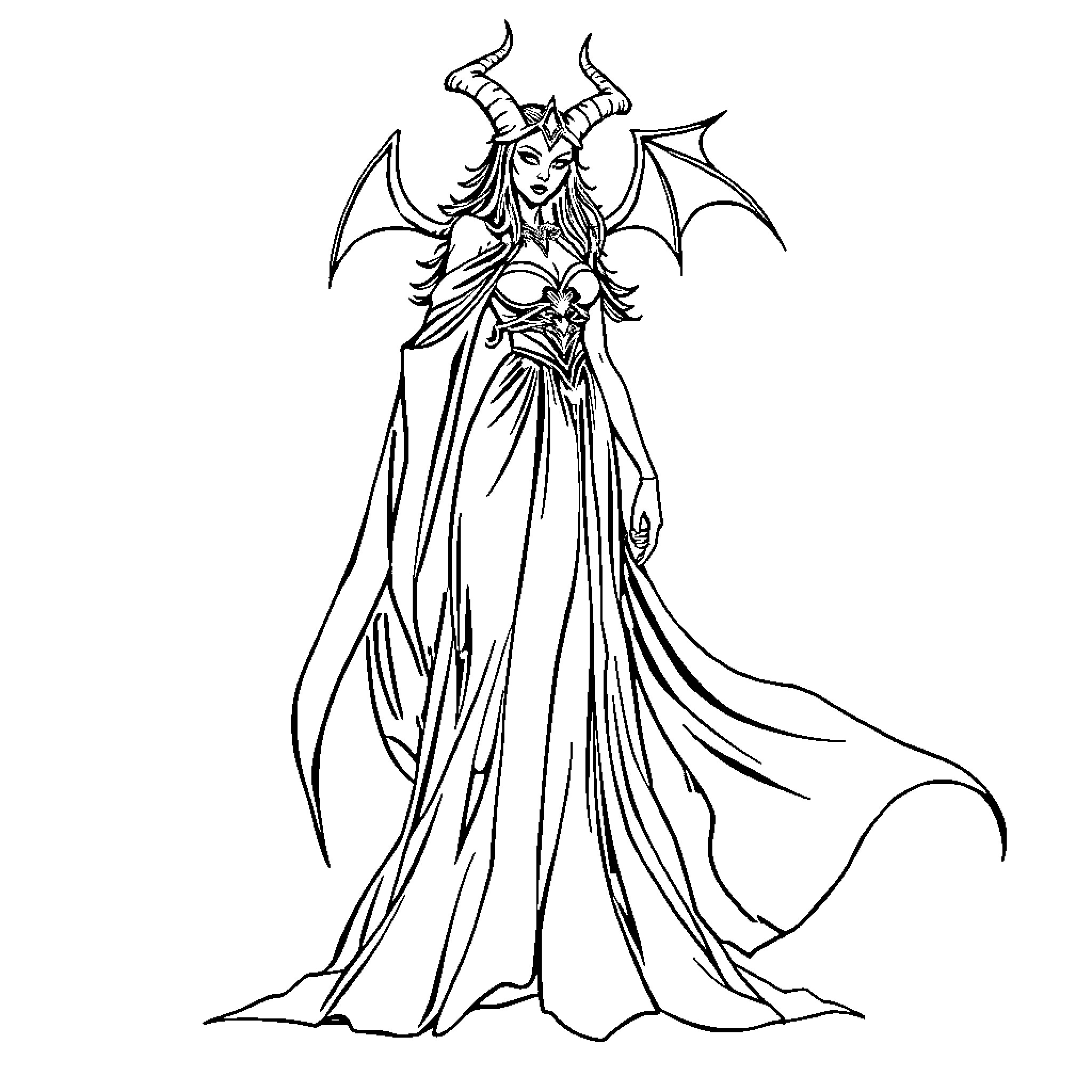 Demon Queen in Majestic Attire Coloring Page (free black-and-white line drawing printable PDF for all, from beginners to advanced learners, including children, teens, adults, and seniors)