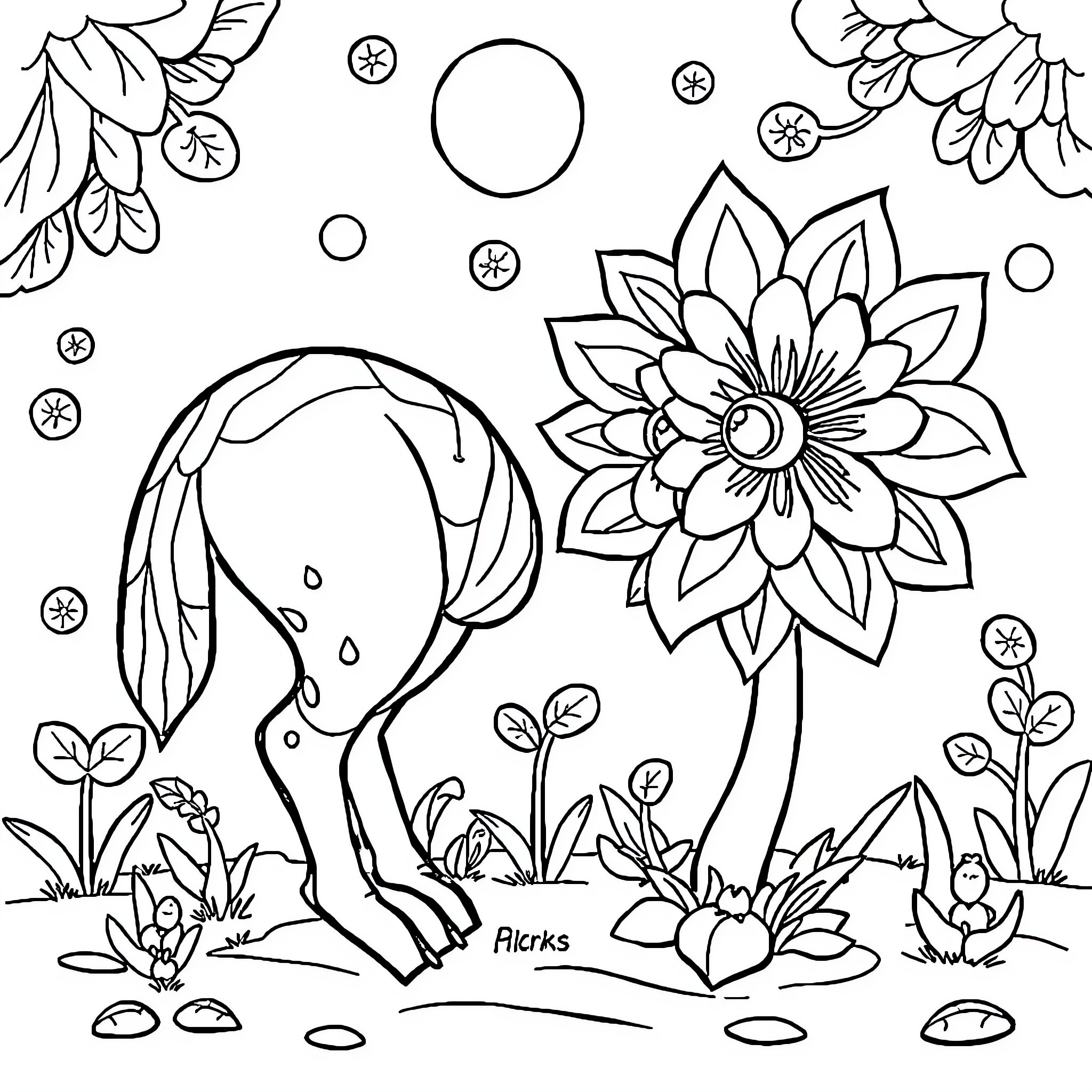 Children exploring a whimsical floral landscape Coloring Page (free black-and-white line drawing printable PDF for all, from beginners to advanced learners, including children, teens, adults, and seniors)