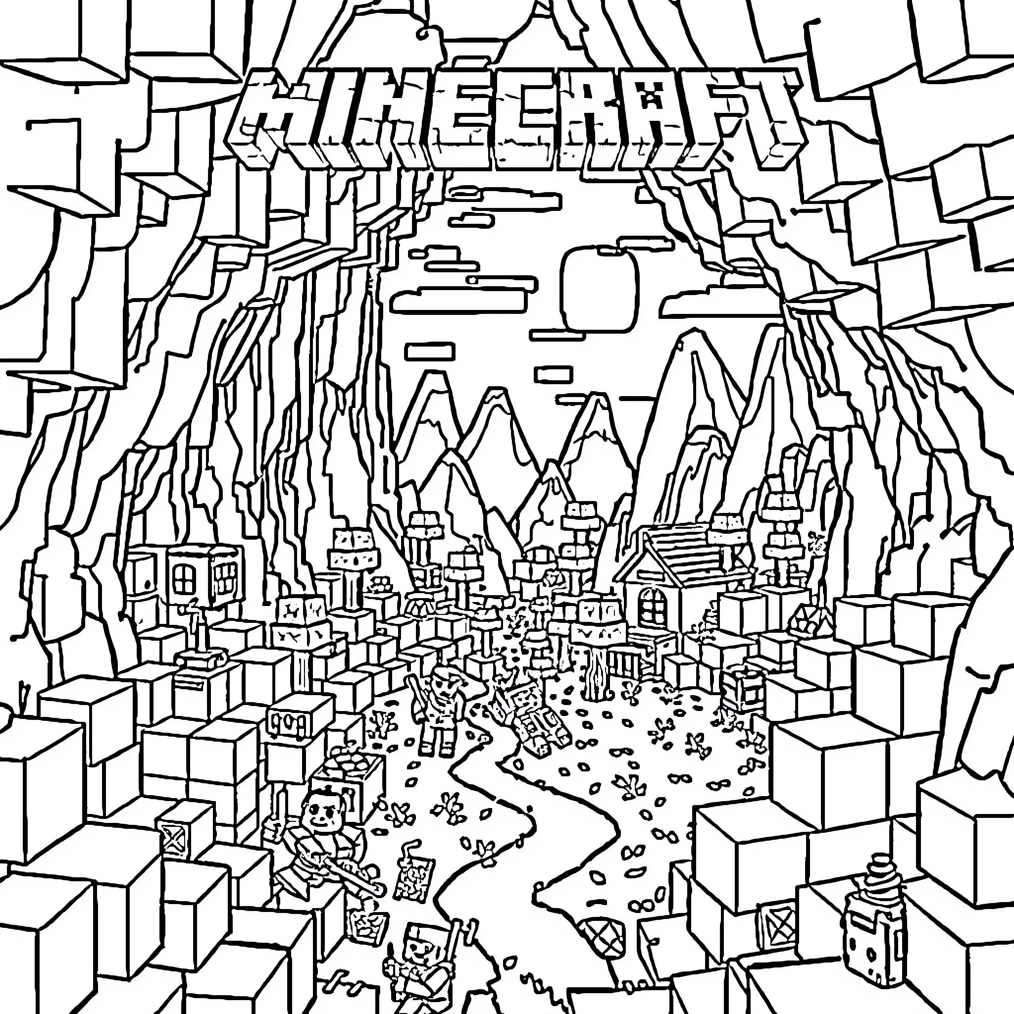 Minecraft landscape with mountainous terrain Coloring Page (free black-and-white line drawing printable PDF for all, from beginners to advanced learners, including children, teens, adults, and seniors)