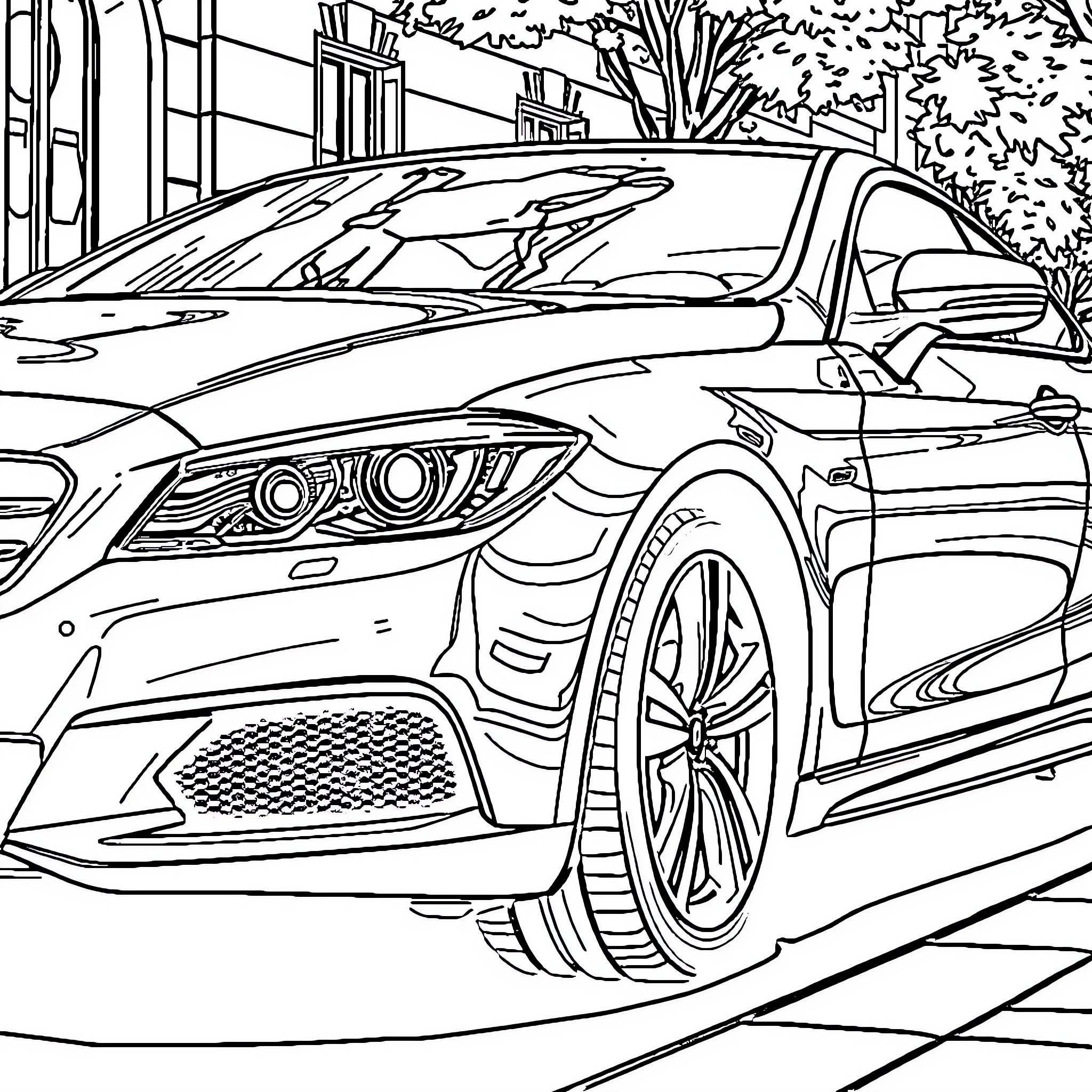 Car parked on street with trees and buildings Coloring Page (free black-and-white line drawing printable PDF for all, from beginners to advanced learners, including children, teens, adults, and seniors)