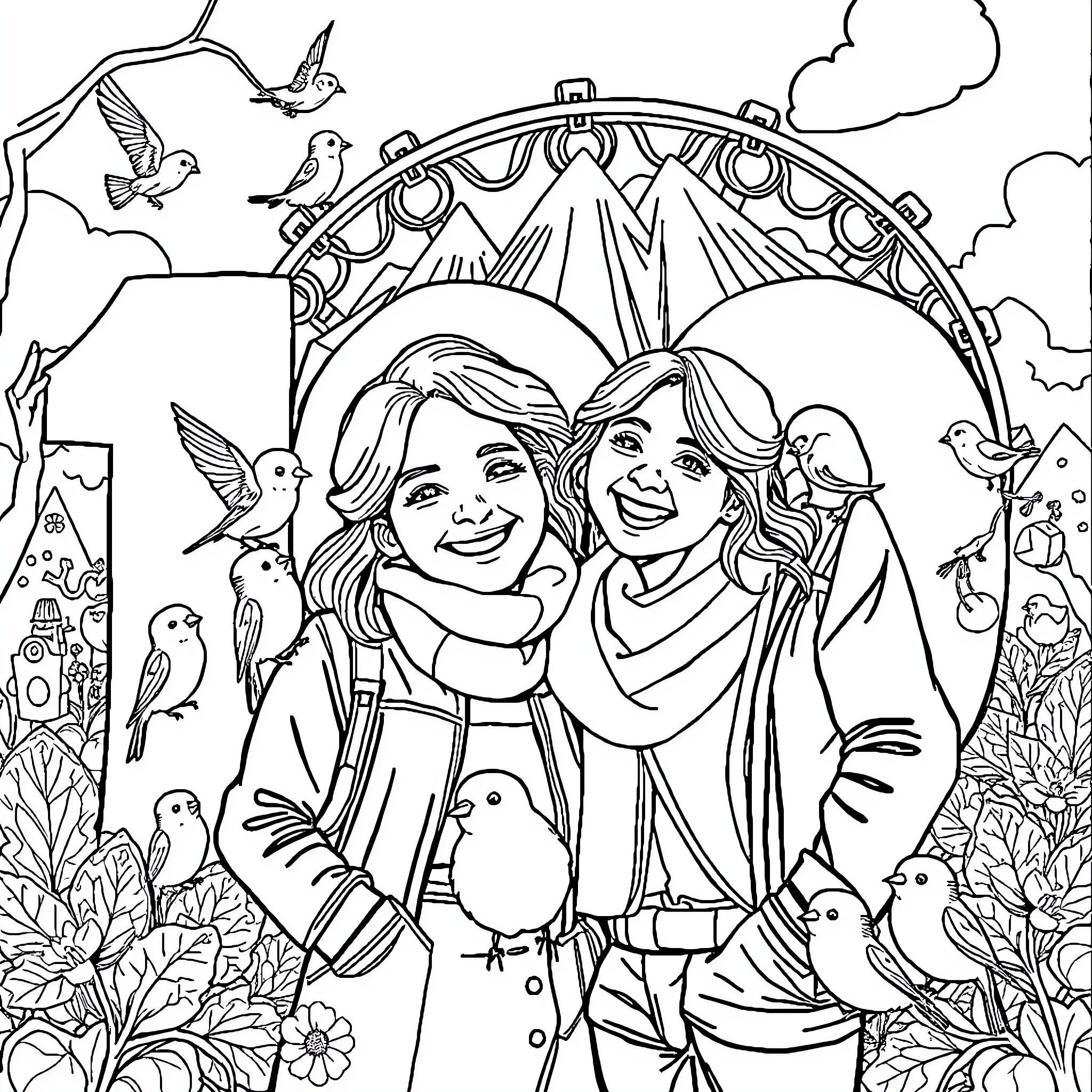 Couple enjoying nature in whimsical setting Coloring Page (free black-and-white line drawing printable PDF for all, from beginners to advanced learners, including children, teens, adults, and seniors)