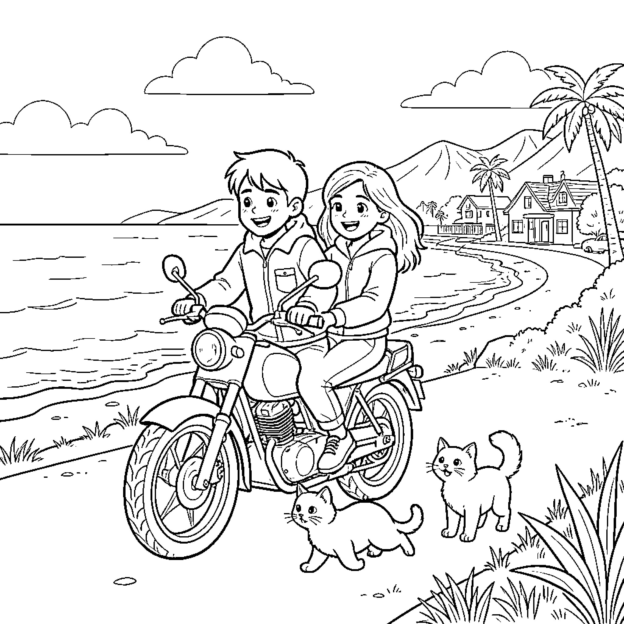 Moto Adventure on a Tropical Beach Coloring Page (free black-and-white line drawing printable PDF for all, from beginners to advanced learners, including children, teens, adults, and seniors)