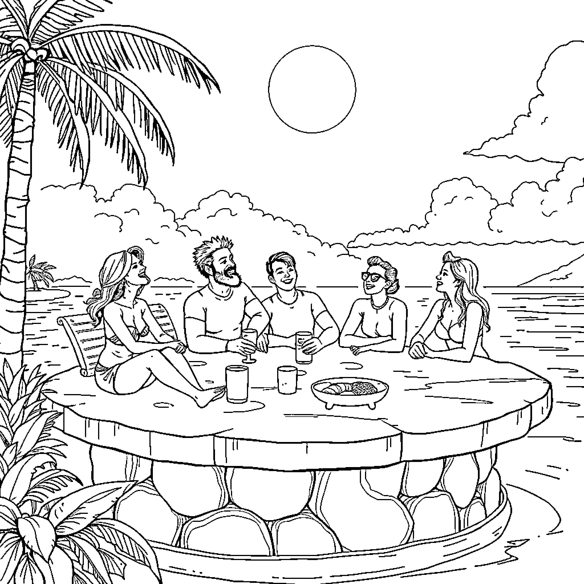 Island friends enjoying a tropical beach gathering Coloring Page (free black-and-white line drawing printable PDF for all, from beginners to advanced learners, including children, teens, adults, and seniors)