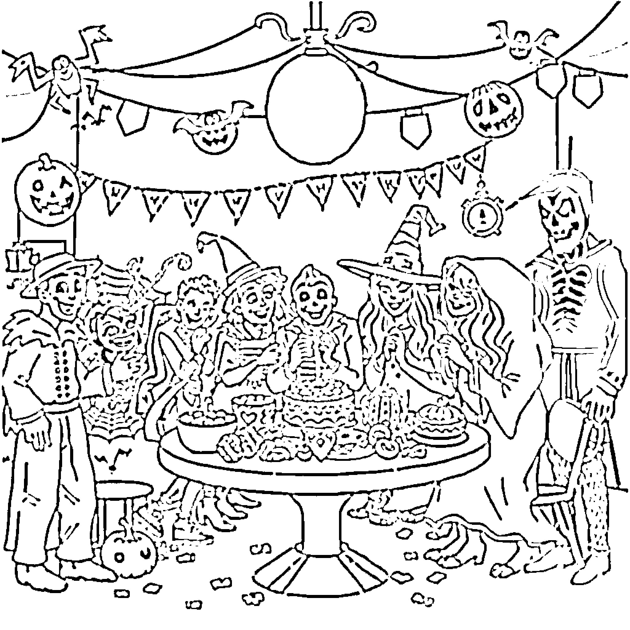 Halloween Costume Party with Decorations Coloring Page (free black-and-white line drawing printable PDF for all, from beginners to advanced learners, including children, teens, adults, and seniors)