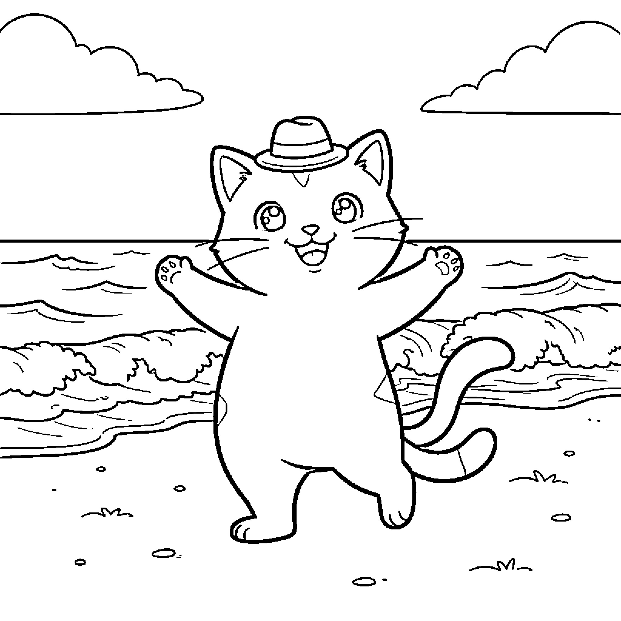 Cat enjoying the beach in a hat Coloring Page (free black-and-white line drawing printable PDF for all, from beginners to advanced learners, including children, teens, adults, and seniors)