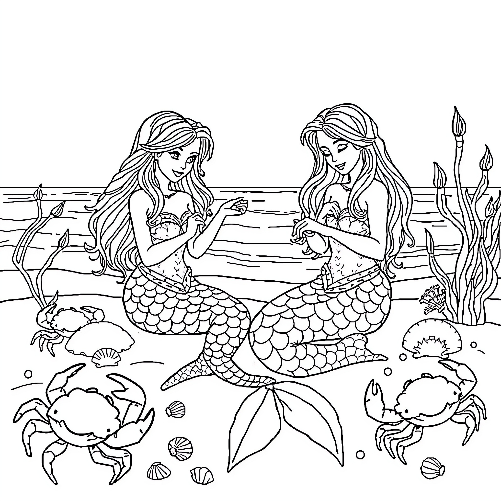 Mermaid Companions Exploring the Underwater Realm Coloring Page (free black-and-white line drawing printable PDF for all, from beginners to advanced learners, including children, teens, adults, and seniors)