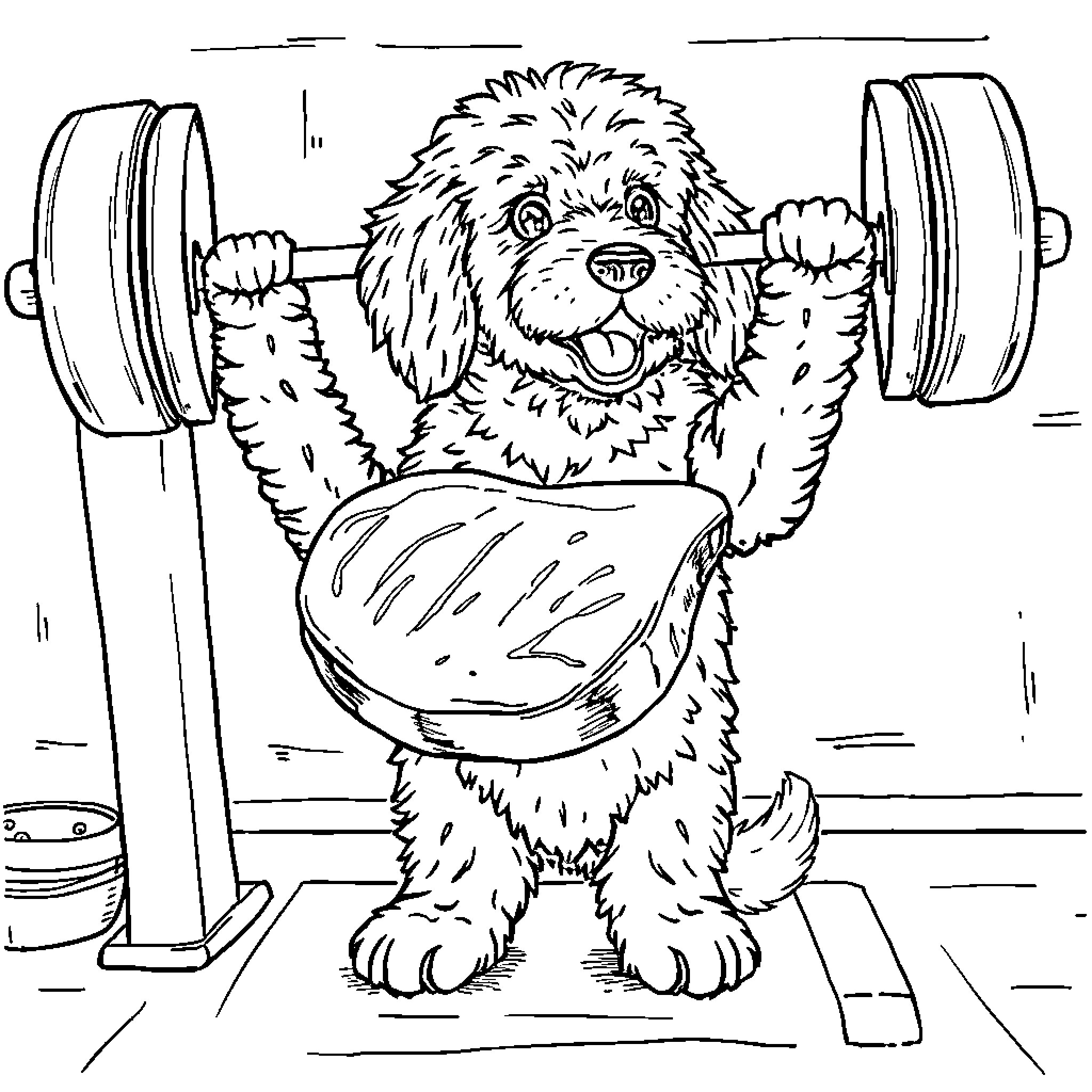 Doodle of a happy puppy lifting weights Coloring Page (free black-and-white line drawing printable PDF for all, from beginners to advanced learners, including children, teens, adults, and seniors)