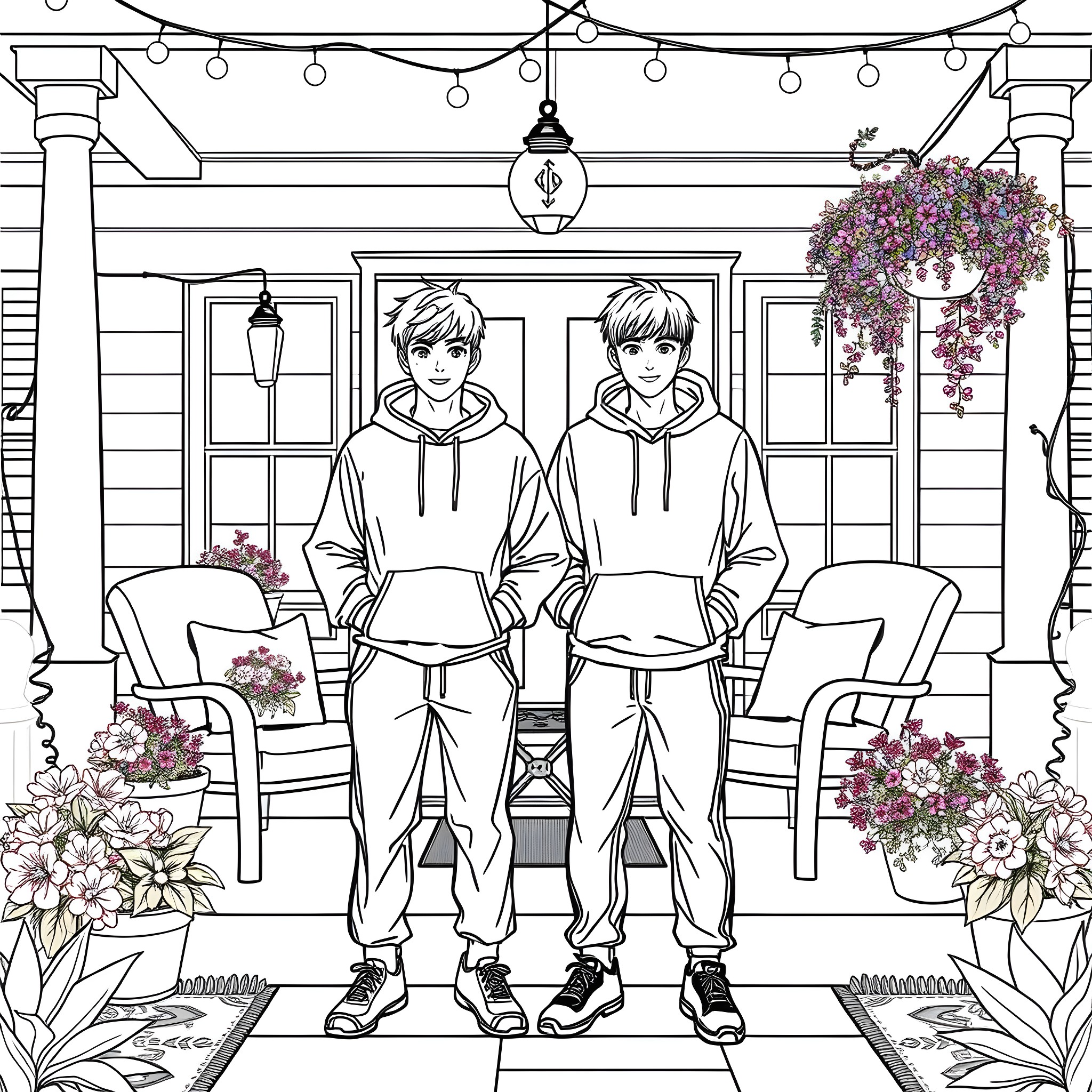 Teen Guys Hanging Out on a Porch Coloring Page (free black-and-white line drawing printable PDF for all, from beginners to advanced learners, including children, teens, adults, and seniors)