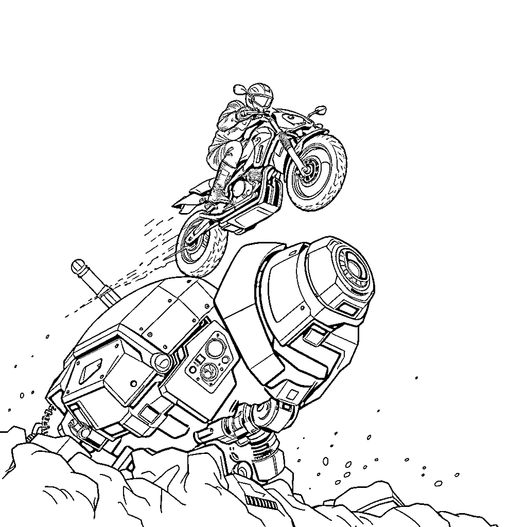 Motorcycle rider soaring over rocky terrain Coloring Page (free black-and-white line drawing printable PDF for all, from beginners to advanced learners, including children, teens, adults, and seniors)