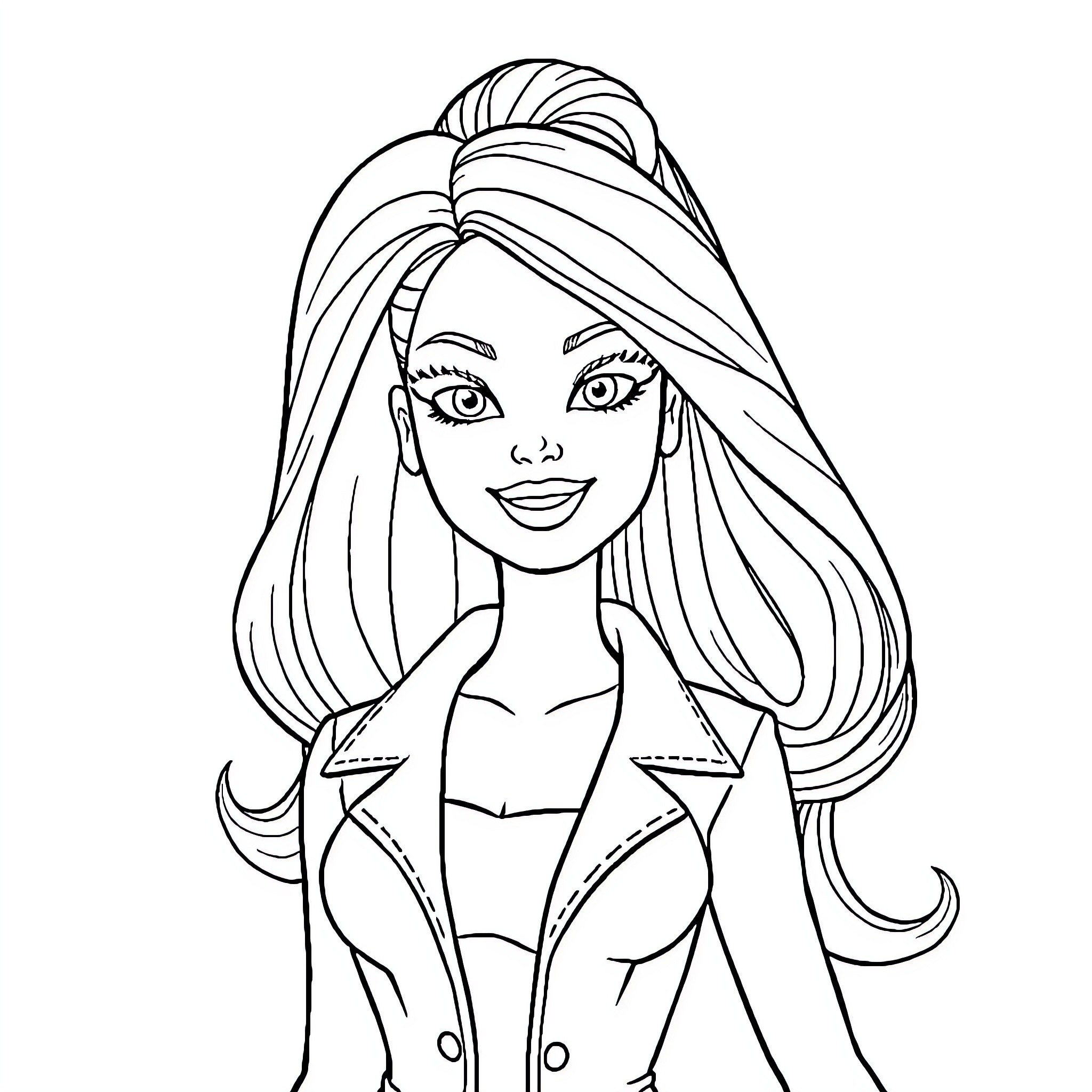 Barbie in stylish outfit with confident expression Coloring Page (free black-and-white line drawing printable PDF for all, from beginners to advanced learners, including children, teens, adults, and seniors)