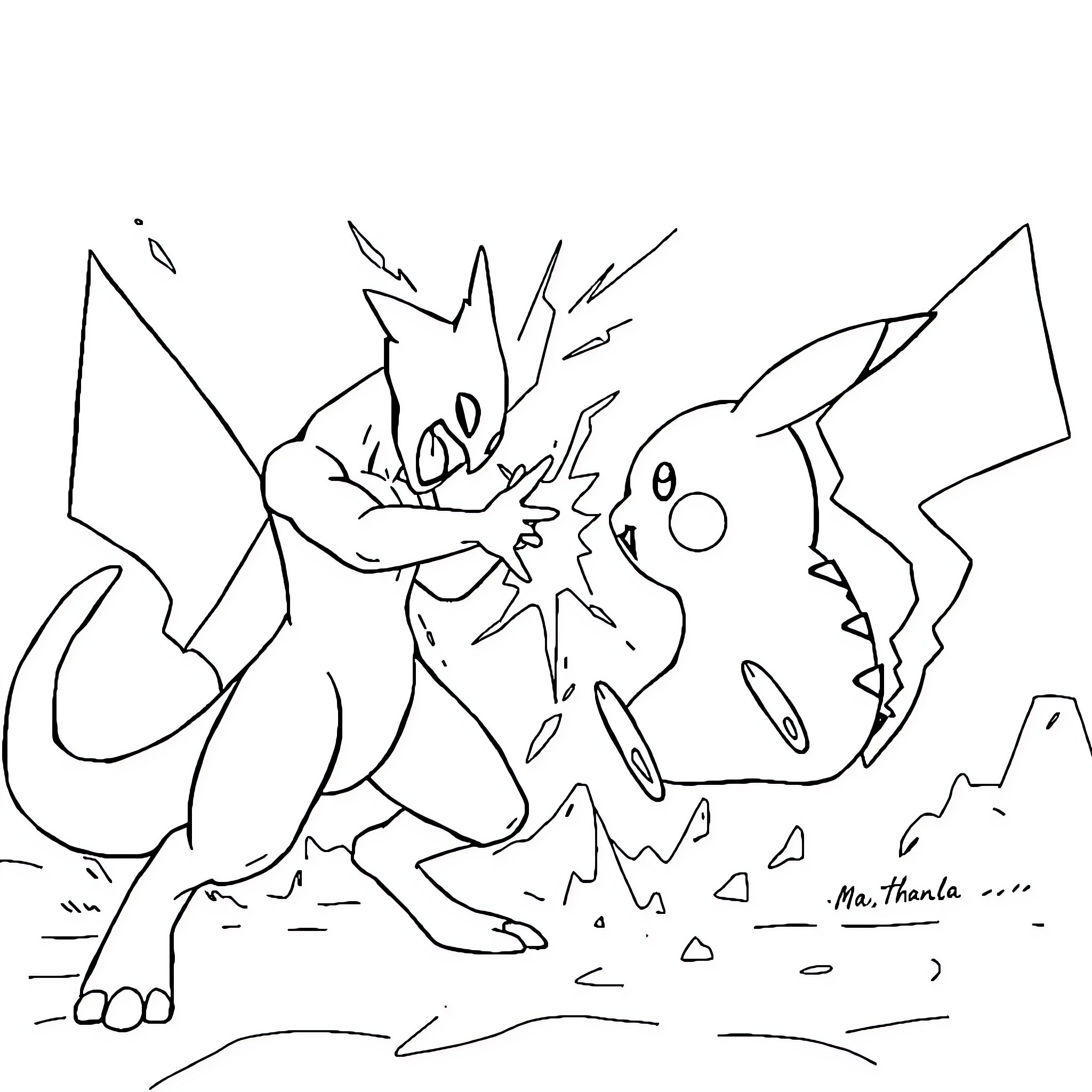 Mewtwo battling fiercely with Pikachu Coloring Page (free black-and-white line drawing printable PDF for all, from beginners to advanced learners, including children, teens, adults, and seniors)