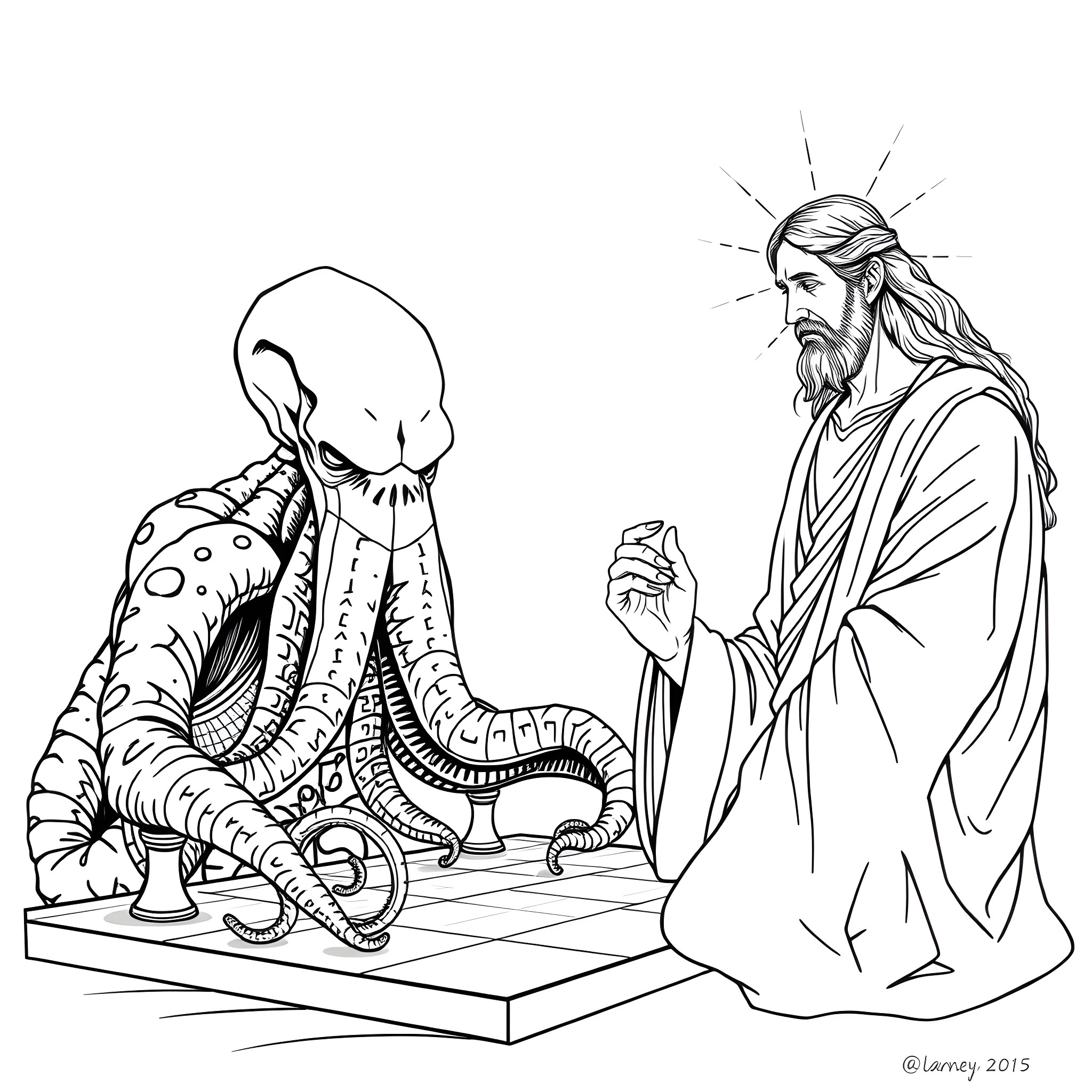 Cthulhu and the Pious Challenger Coloring Page (free black-and-white line drawing printable PDF for all, from beginners to advanced learners, including children, teens, adults, and seniors)
