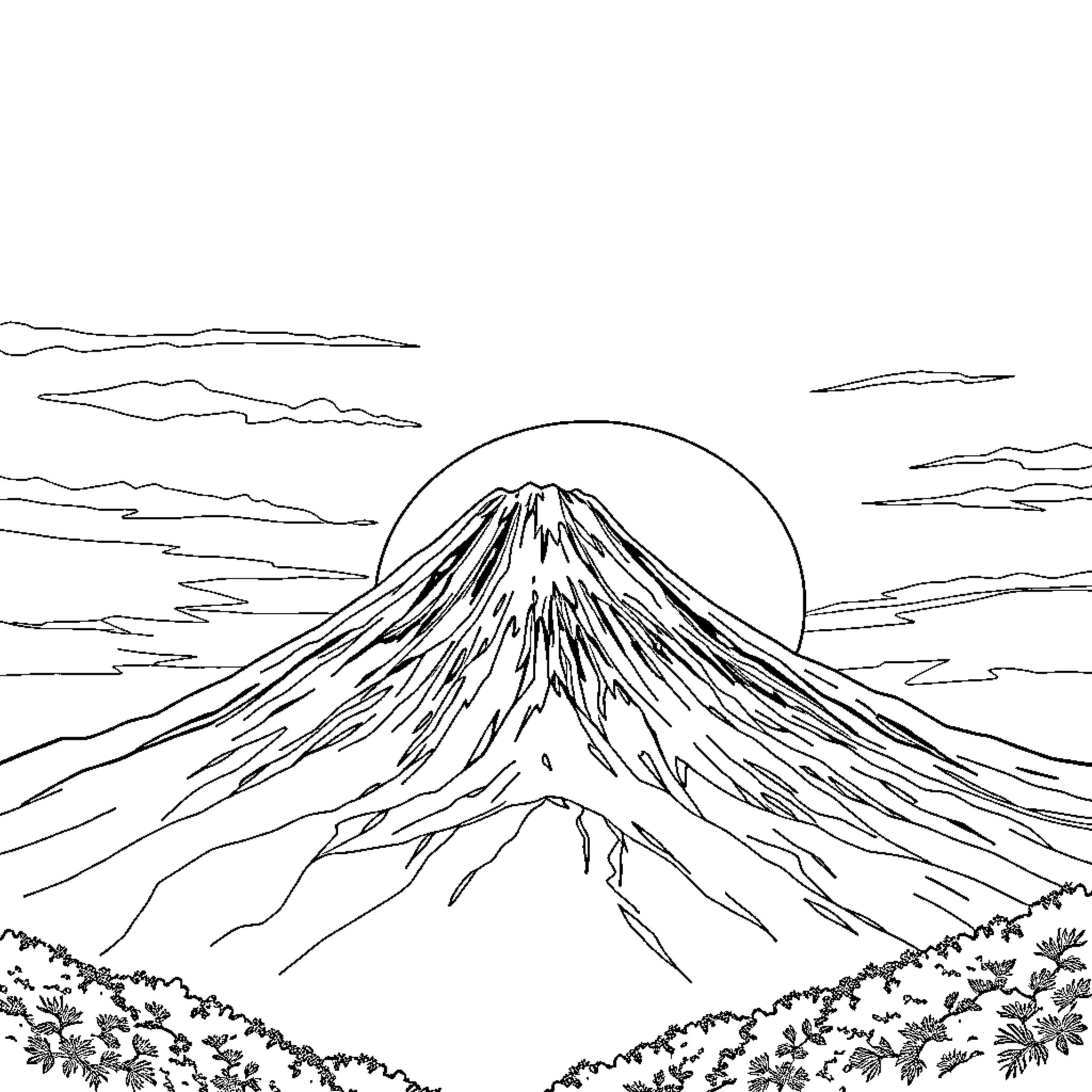 Mount Fuji in the distance under a bright sun Coloring Page (free black-and-white line drawing printable PDF for all, from beginners to advanced learners, including children, teens, adults, and seniors)