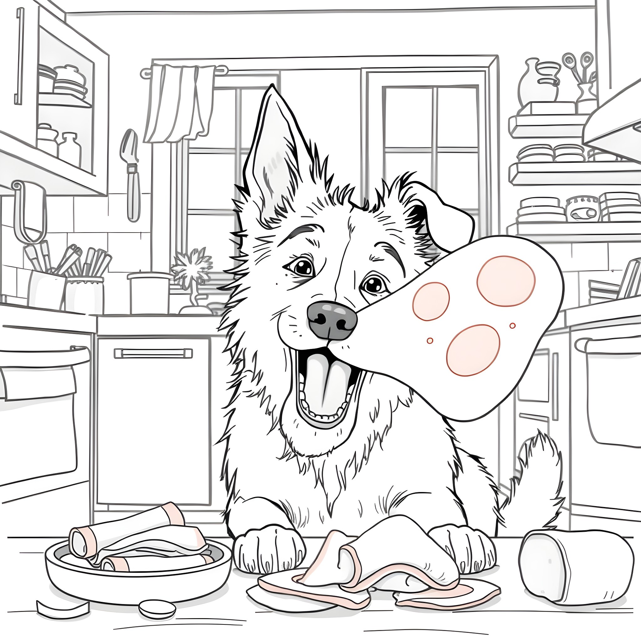 Dog happily enjoying its meal in the kitchen Coloring Page (free black-and-white line drawing printable PDF for all, from beginners to advanced learners, including children, teens, adults, and seniors)