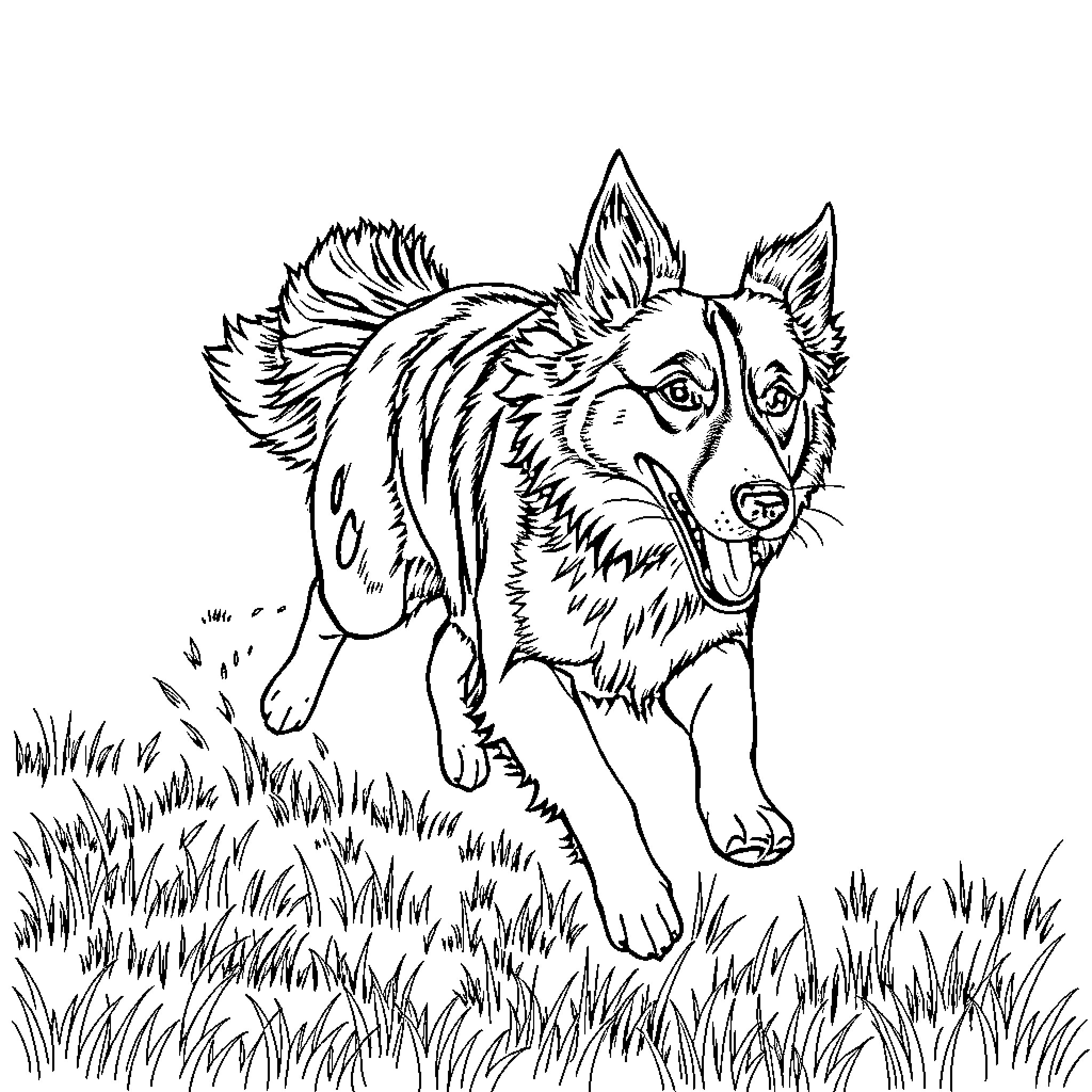 Border Collie running excitedly in the field Coloring Page (free black-and-white line drawing printable PDF for all, from beginners to advanced learners, including children, teens, adults, and seniors)