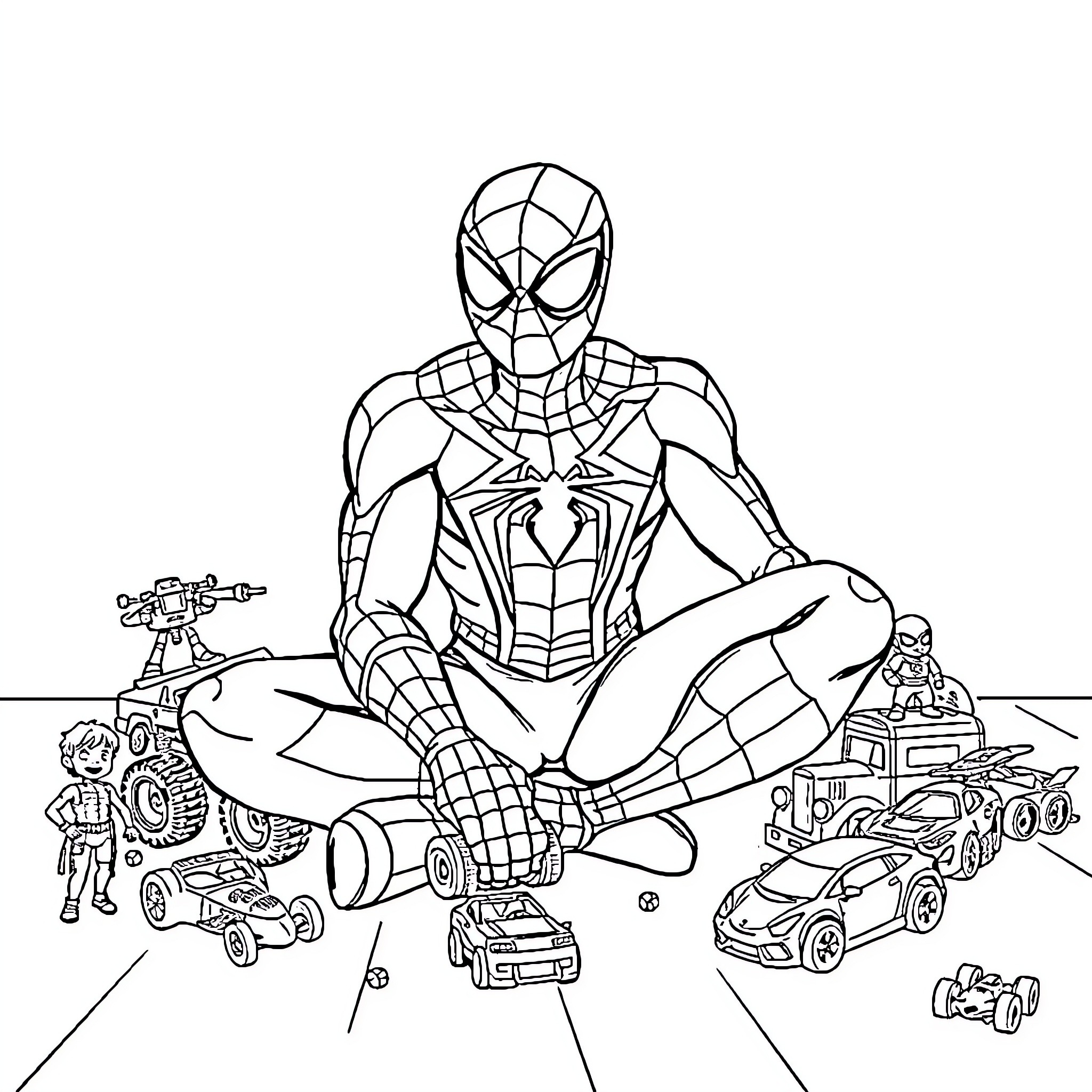 Spider-Man surrounded by toys and vehicles Coloring Page (free black-and-white line drawing printable PDF for all, from beginners to advanced learners, including children, teens, adults, and seniors)