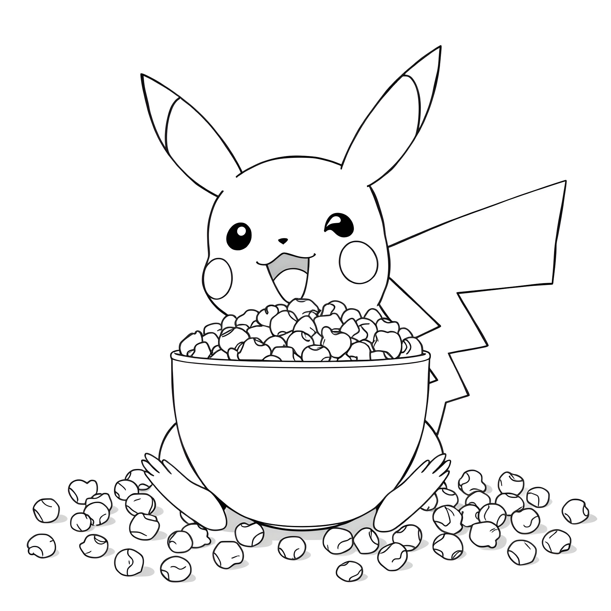 Pikachu enjoying a tasty snack from a bowl Coloring Page (free black-and-white line drawing printable PDF for all, from beginners to advanced learners, including children, teens, adults, and seniors)