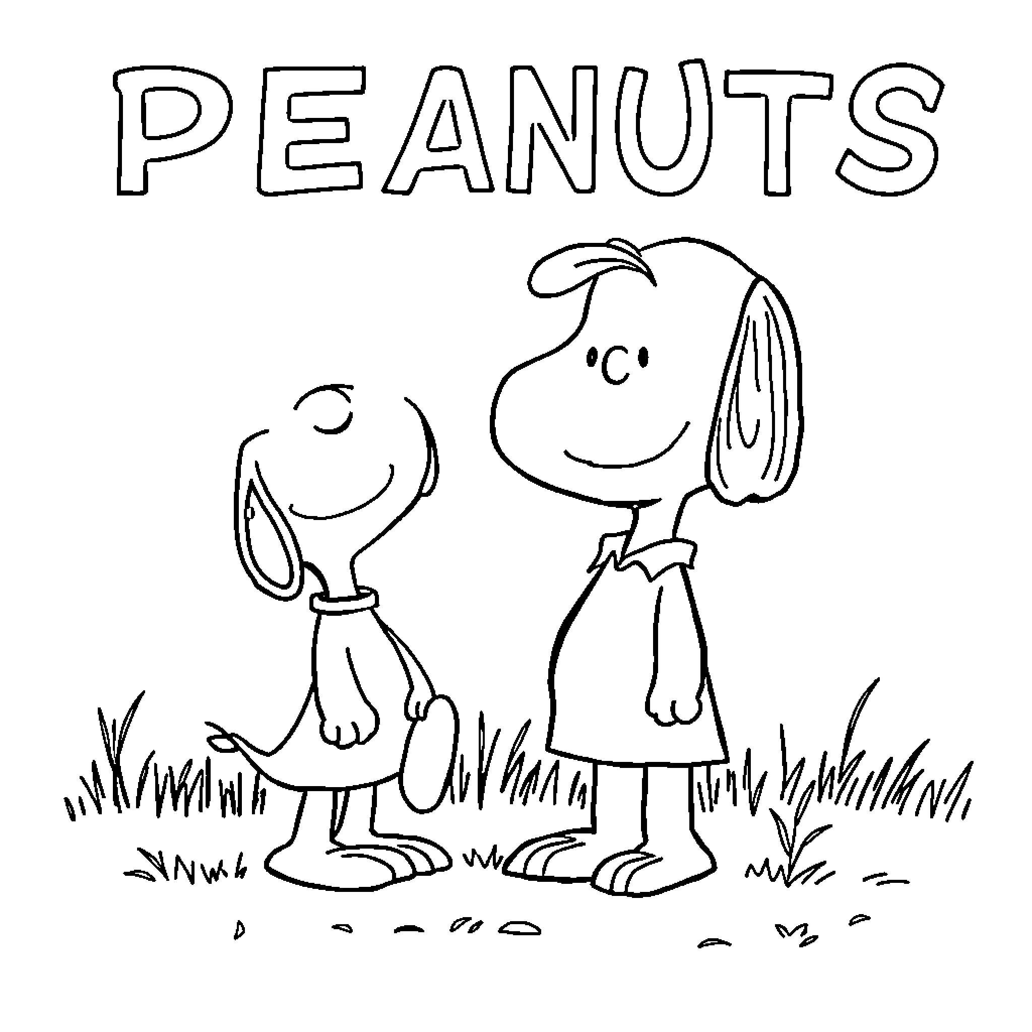 Peanuts characters in a field Coloring Page (free black-and-white line drawing printable PDF for all, from beginners to advanced learners, including children, teens, adults, and seniors)
