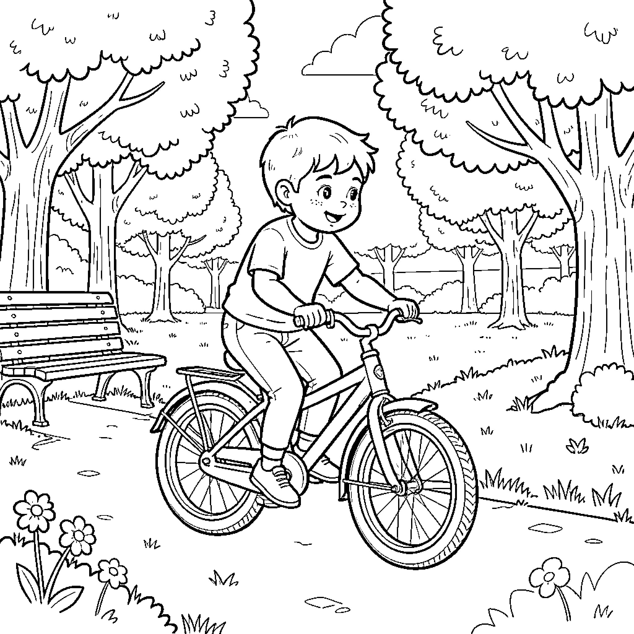 Child riding a bicycle through a peaceful park Coloring Page (free black-and-white line drawing printable PDF for all, from beginners to advanced learners, including children, teens, adults, and seniors)
