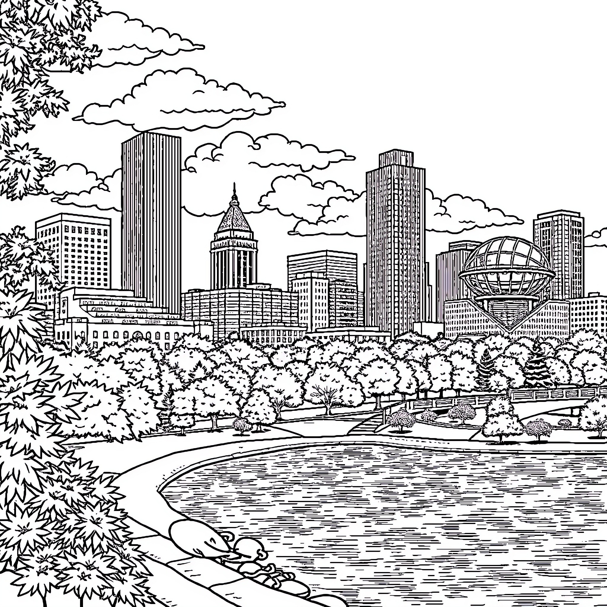 Buffalo cityscape with skyscrapers and skyline Coloring Page (free black-and-white line drawing printable PDF for all, from beginners to advanced learners, including children, teens, adults, and seniors)