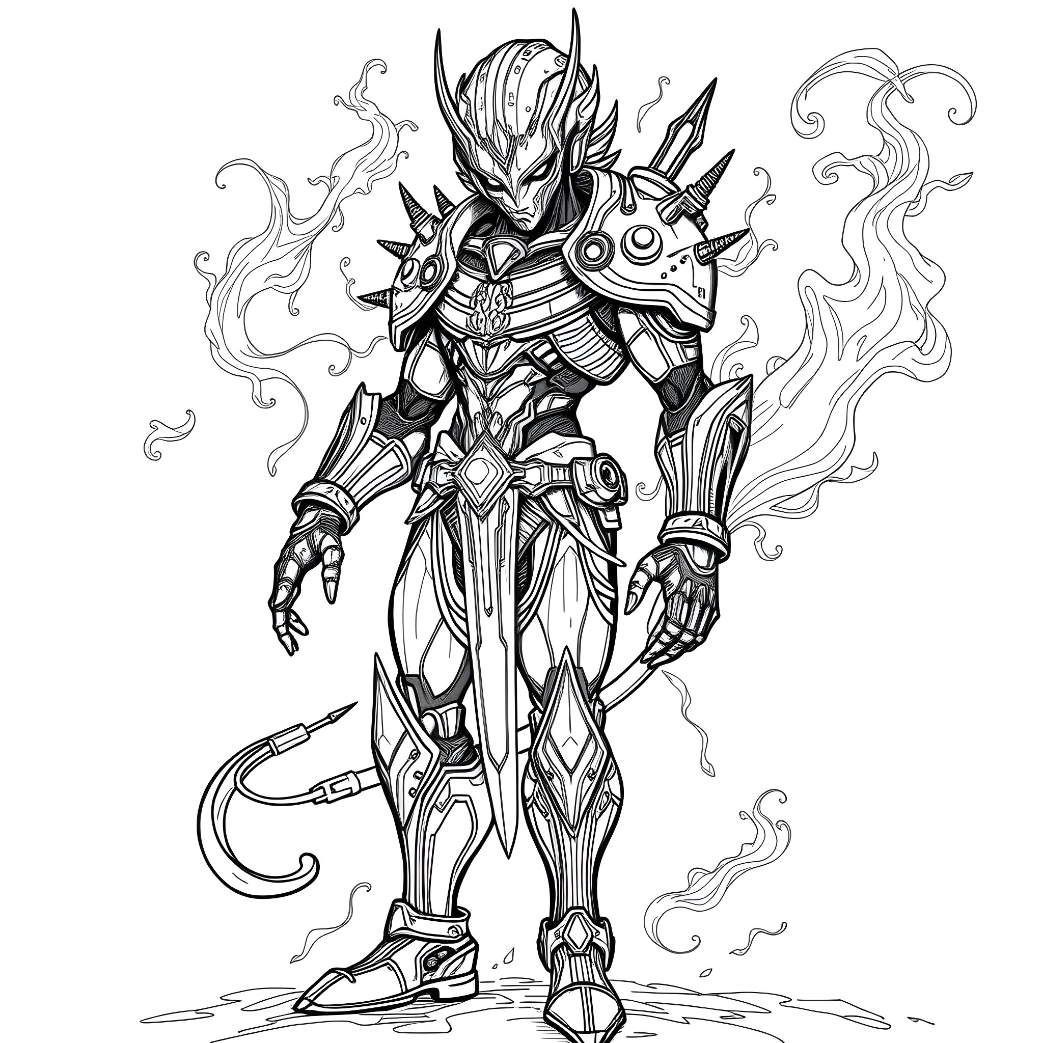 Mystallo: Armored Warrior Wielding Mystic Powers Coloring Page (free black-and-white line drawing printable PDF for all, from beginners to advanced learners, including children, teens, adults, and seniors)