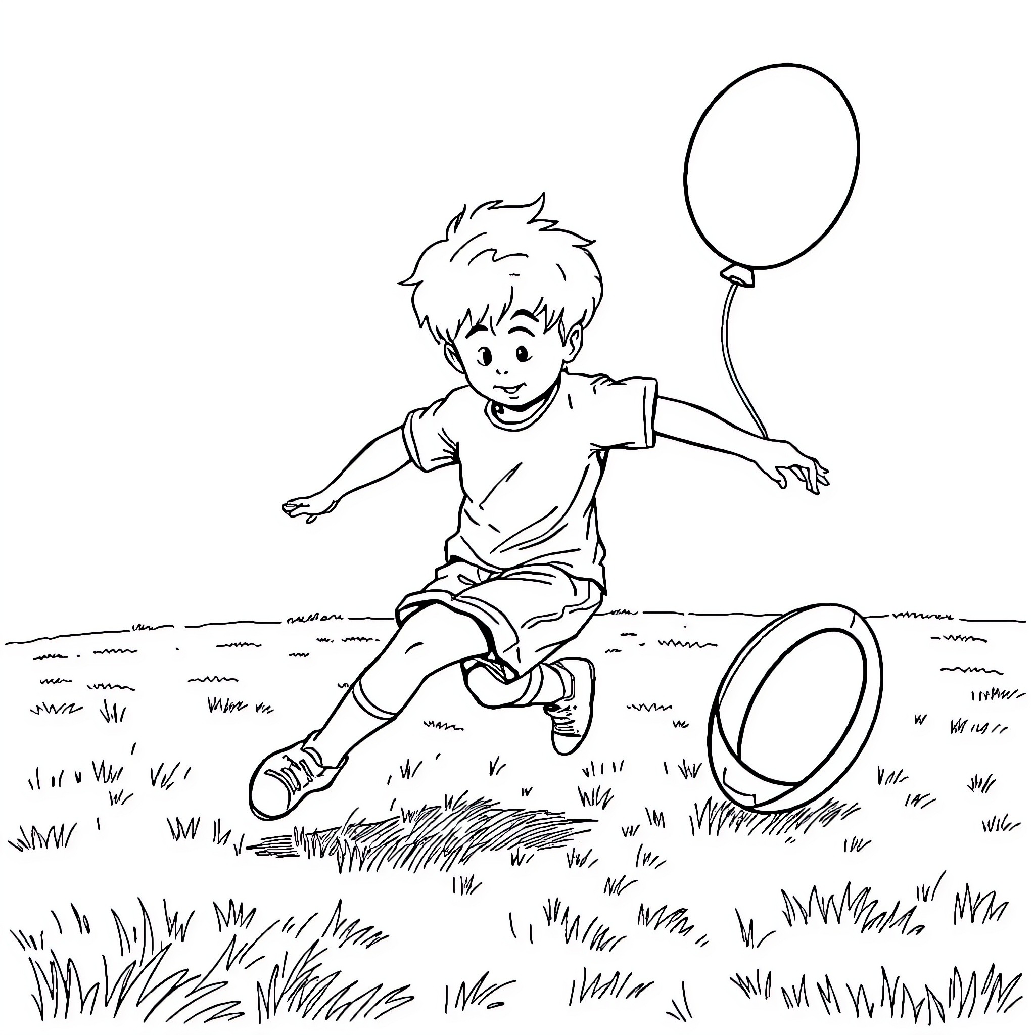 Child playing joyfully with balloon in the field Coloring Page (free black-and-white line drawing printable PDF for all, from beginners to advanced learners, including children, teens, adults, and seniors)