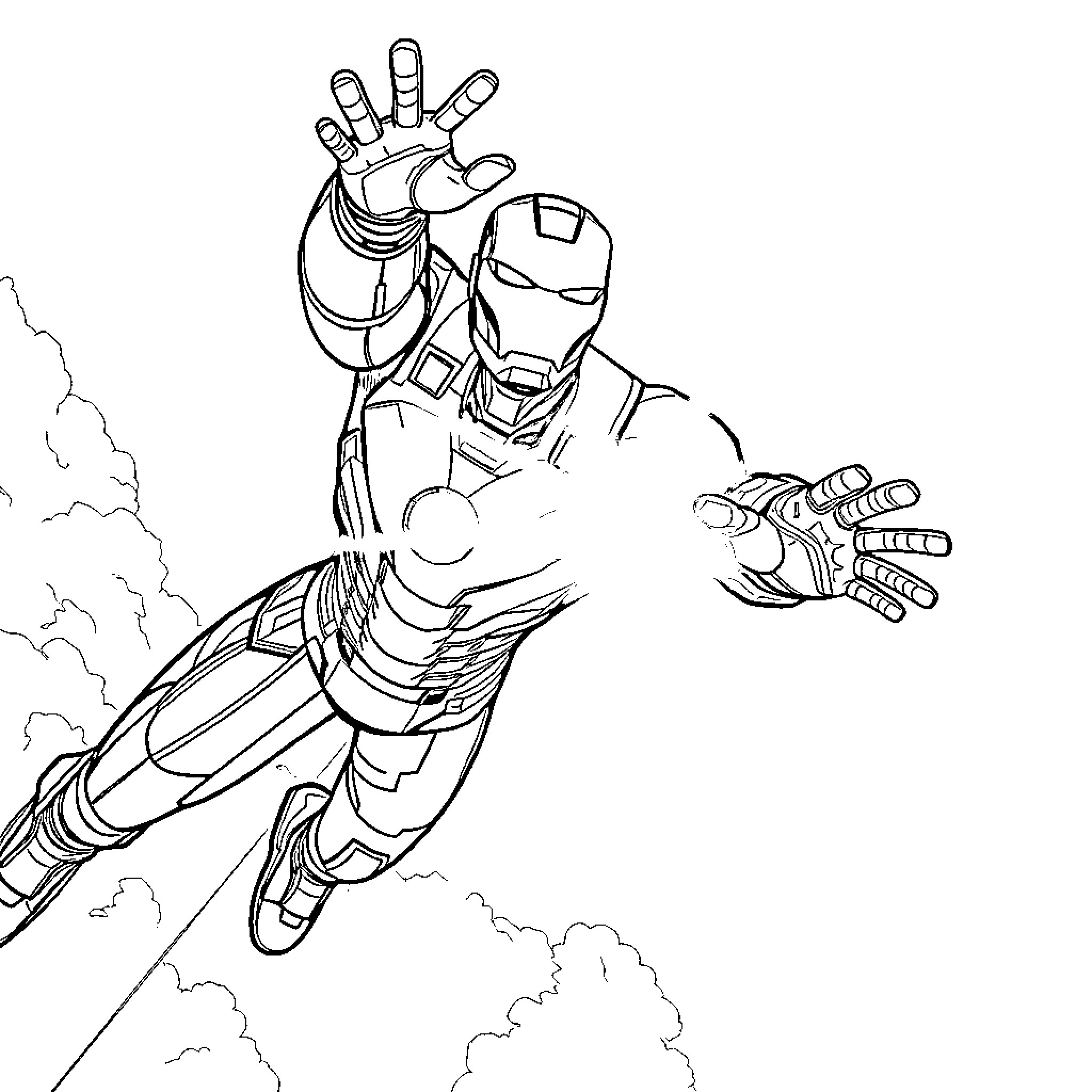 Ironman soaring through the sky in heroic pose Coloring Page (free black-and-white line drawing printable PDF for all, from beginners to advanced learners, including children, teens, adults, and seniors)