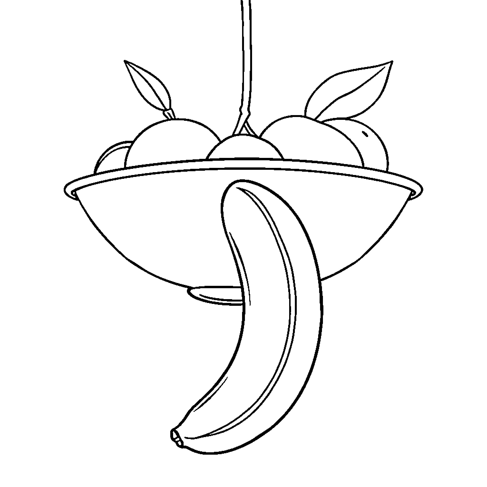 Banana hanging from a fruit bowl Coloring Page (free black-and-white line drawing printable PDF for all, from beginners to advanced learners, including children, teens, adults, and seniors)