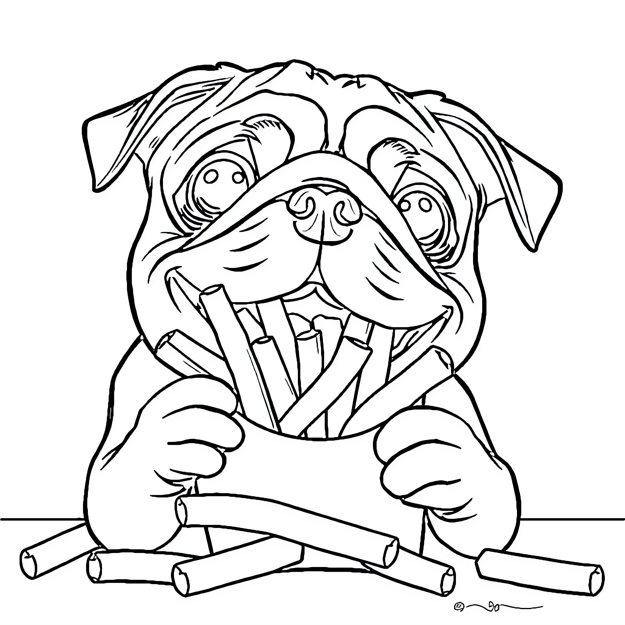 Pug chewing on sticks playfully Coloring Page (free black-and-white line drawing printable PDF for all, from beginners to advanced learners, including children, teens, adults, and seniors)