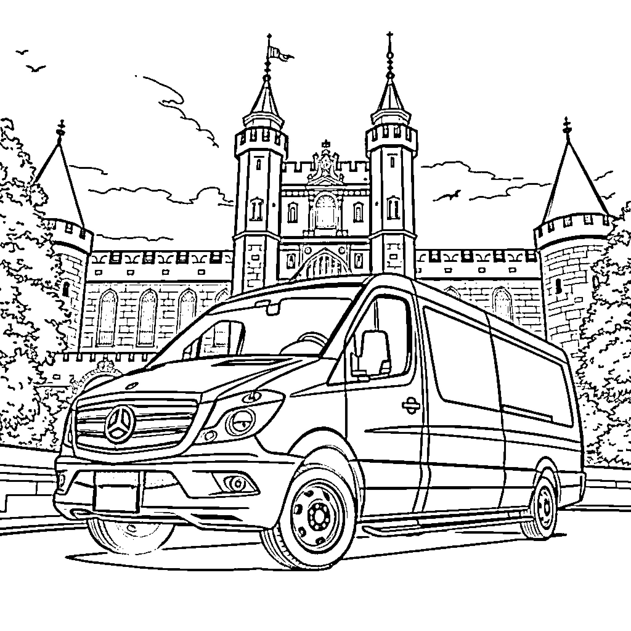 Mercedes van in front of historic castle Coloring Page (free black-and-white line drawing printable PDF for all, from beginners to advanced learners, including children, teens, adults, and seniors)